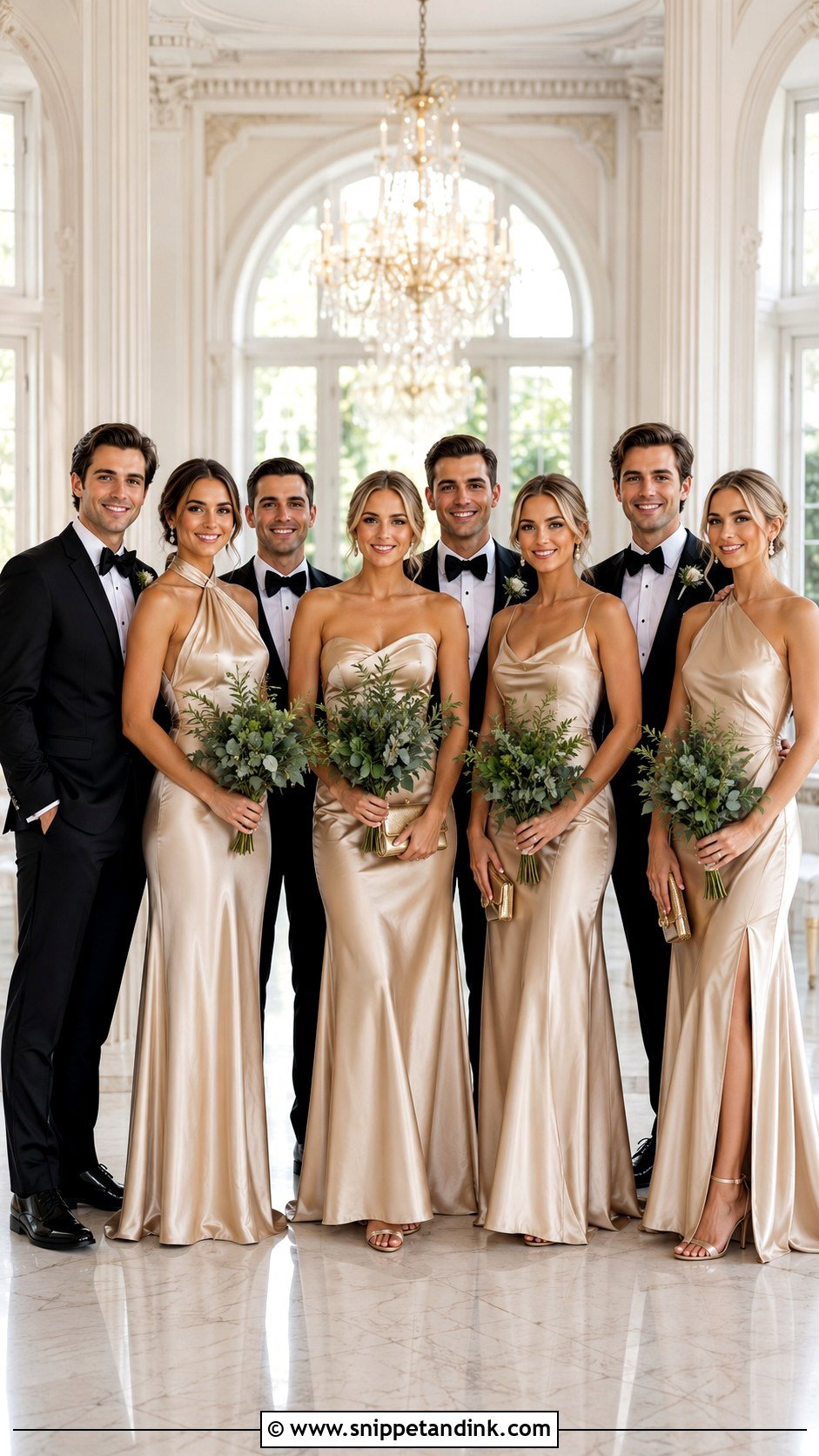 Champagne Satin Gown Black Tie Bridal Party - Snippet and Ink - 20 Black Tie Bridal Party Ideas