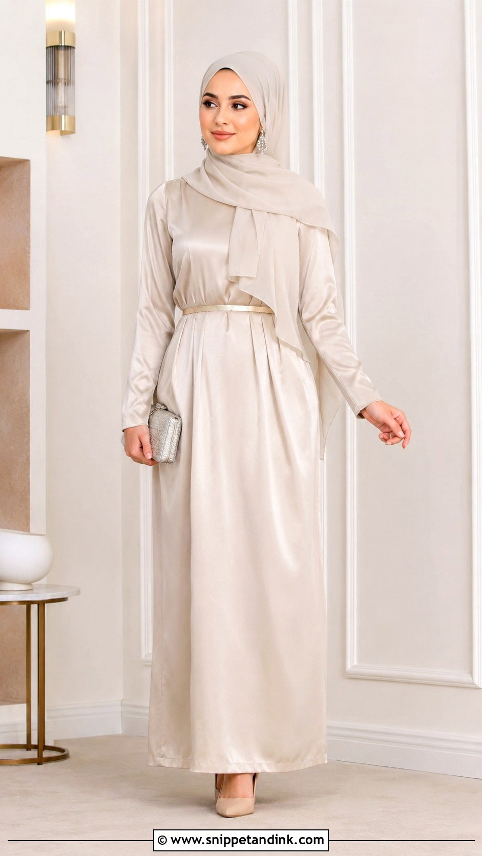 Champagne Satin Maxi Dress Outfit - Snippet and Ink - 30 Eid Mubarak Outfit Ideas