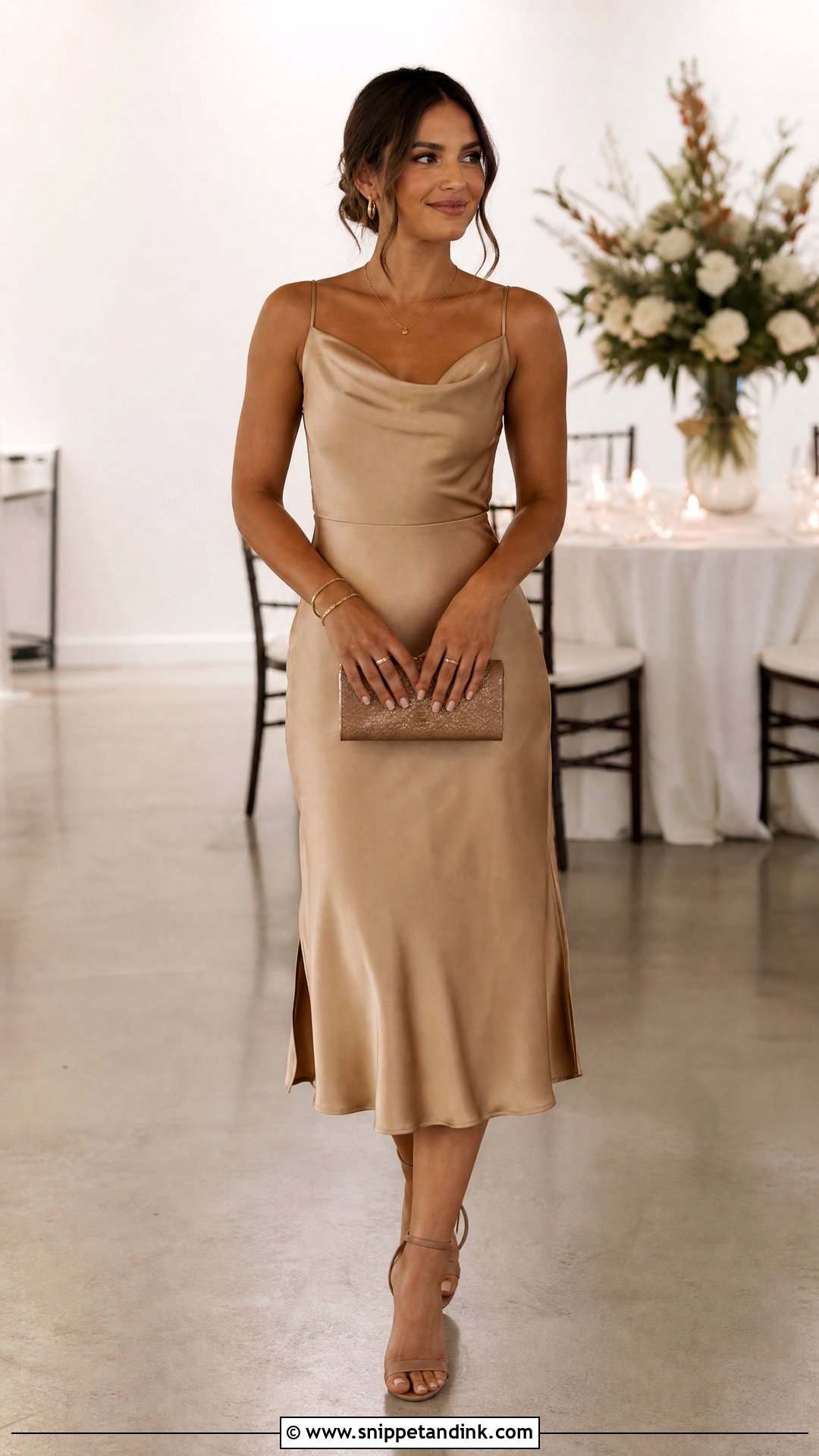 Champagne Satin Midi Dress Wedding Outfit - Snippet and Ink - 25 Fall Wedding Outfits