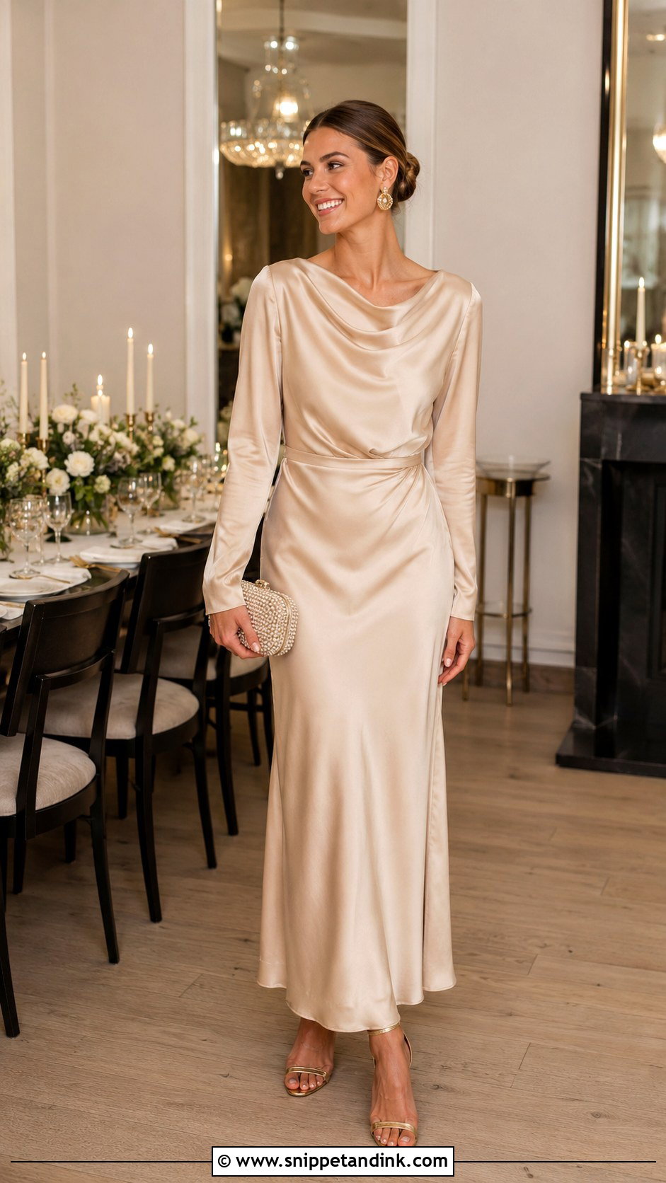 Champagne Satin Rehearsal Dinner Dress - Snippet and Ink - 20 Long Sleeve Rehearsal Dinner Dress Ideas