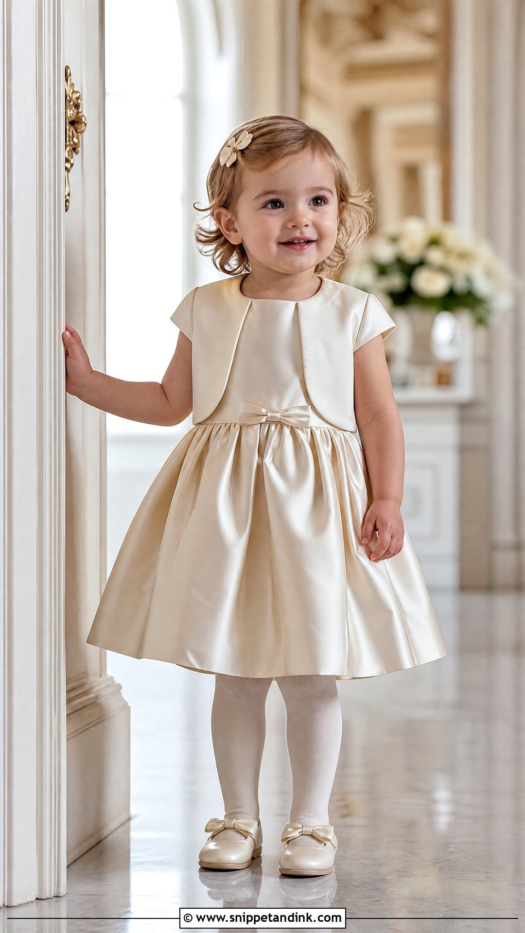 Champagne Satin Toddler Wedding Dress With Bow Shoes - Snippet and Ink - 20 Toddler Wedding Dress Ideas