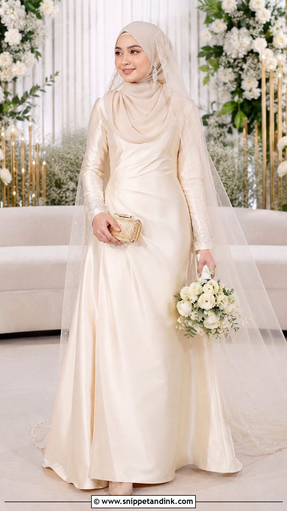 Champagne Satin Wedding Dress Hijab - Snippet and Ink - 20 Malaysia Wedding Dress Hijab Ideas
