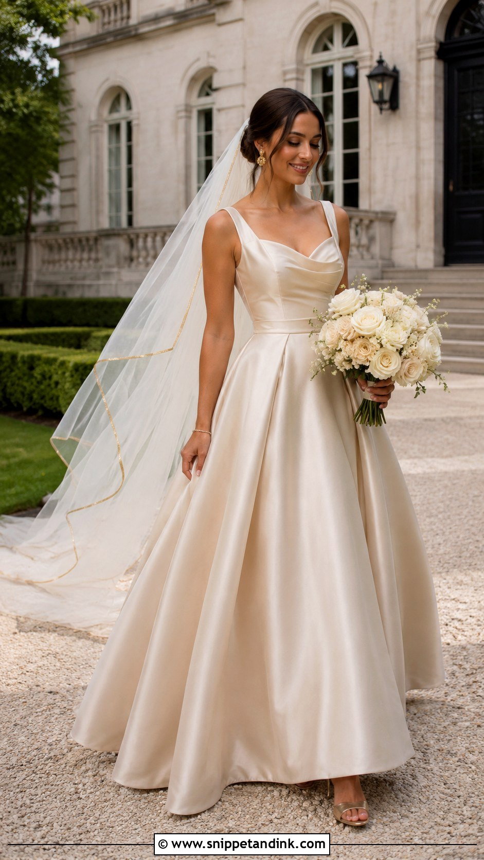 Champagne Satin Wedding Dress With Gold Accessories - Snippet and Ink - 20 Classy Elegant Satin Wedding Dress Ideas