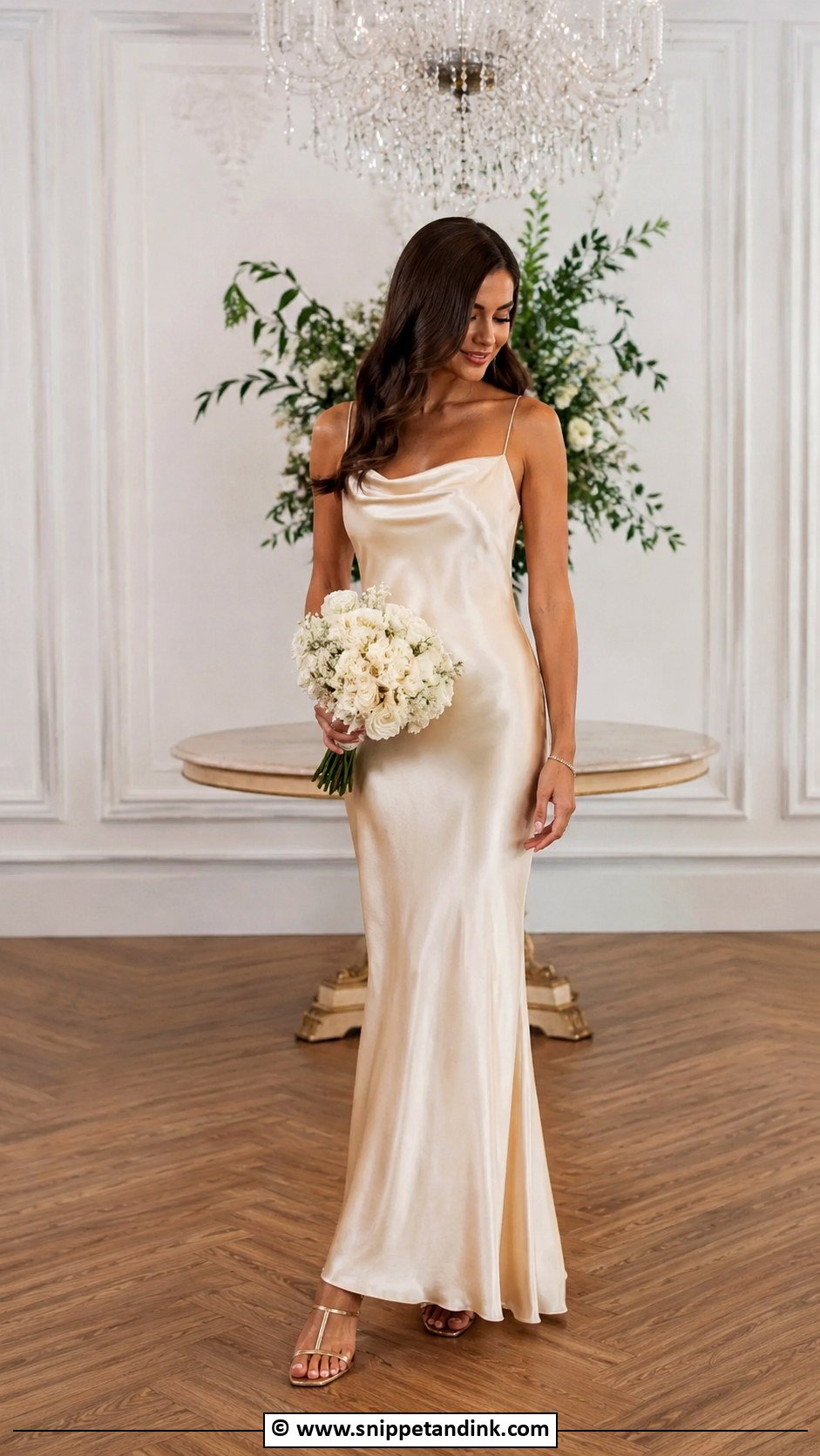 Champagne Satin Wedding Dress With Gold Sandals - Snippet and Ink - 30 Colorful Wedding Dress Ideas