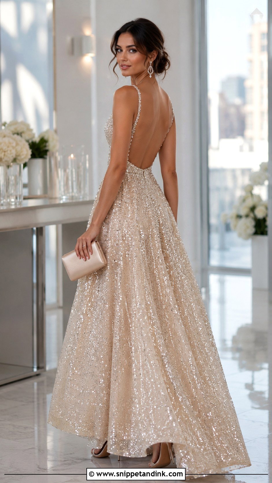 Champagne Sequin Backless Ball Gown - Snippet and Ink - 20 Backless Ball Gown Ideas