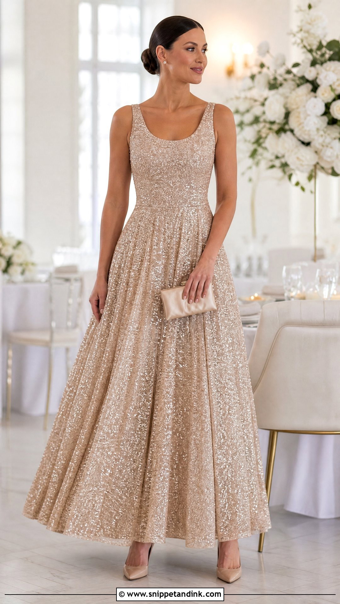 Champagne Sequin Ball Gown With Minimal Jewelry - Snippet and Ink - 20 Sequin Ball Gown Ideas