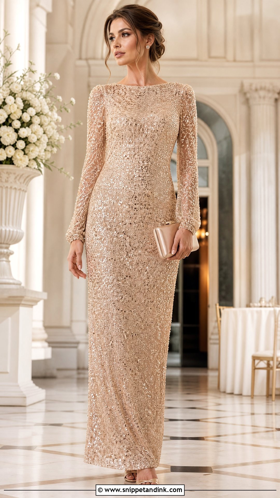 Champagne Sequin Long Gown with Sleeves - Snippet and Ink - 20 Long Gown with Sleeves