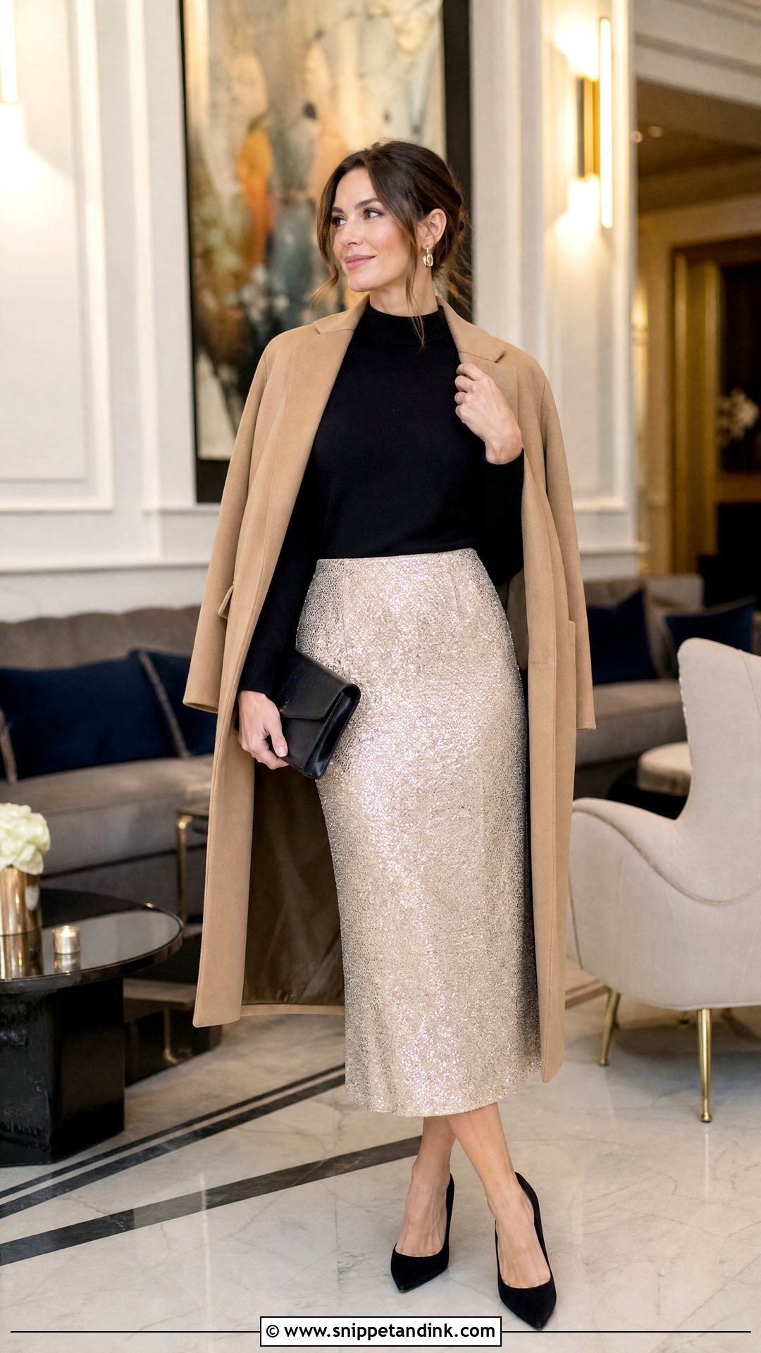 Champagne Sequin Skirt Winter Wedding Outfit - Snippet and Ink - 20 Winter Outfit for Wedding Ideas