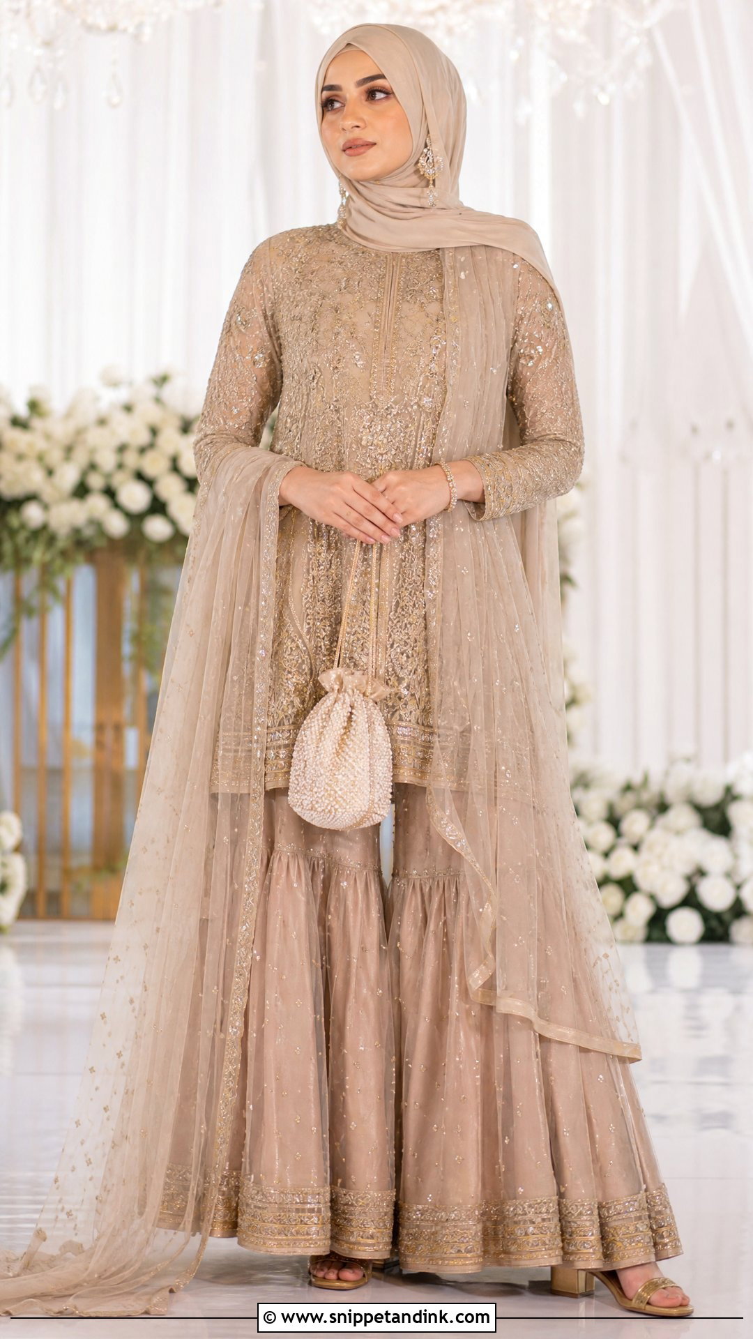 Champagne Sharara Hijabi Pakistani Bride - Snippet and Ink - 20 Hijabi Pakistani Bride Ideas