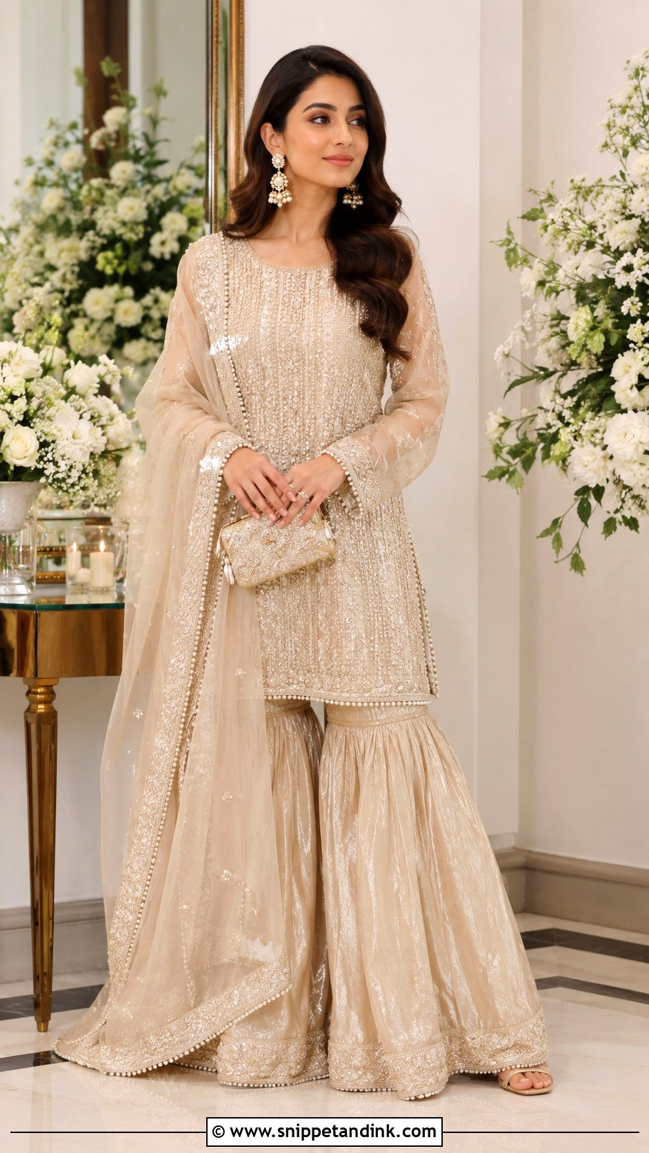 Champagne Sharara With Pearl Details - Snippet and Ink - 20 Pakistani Sharara Designs for Wedding