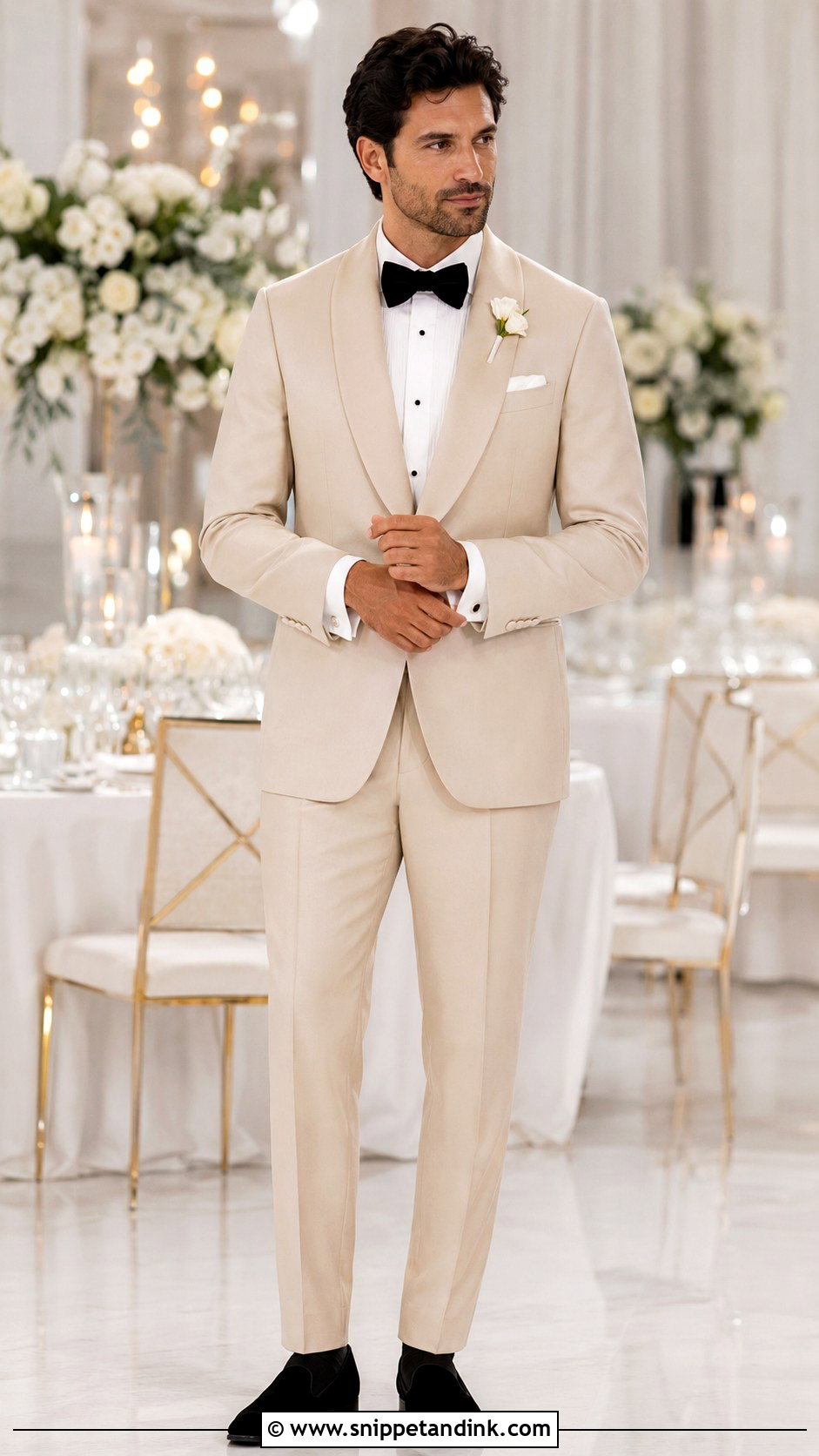 Champagne Shawl Collar Tuxedo With Velvet Bow Tie - Snippet and Ink - 20 Champagne Tuxedo Wedding Ideas