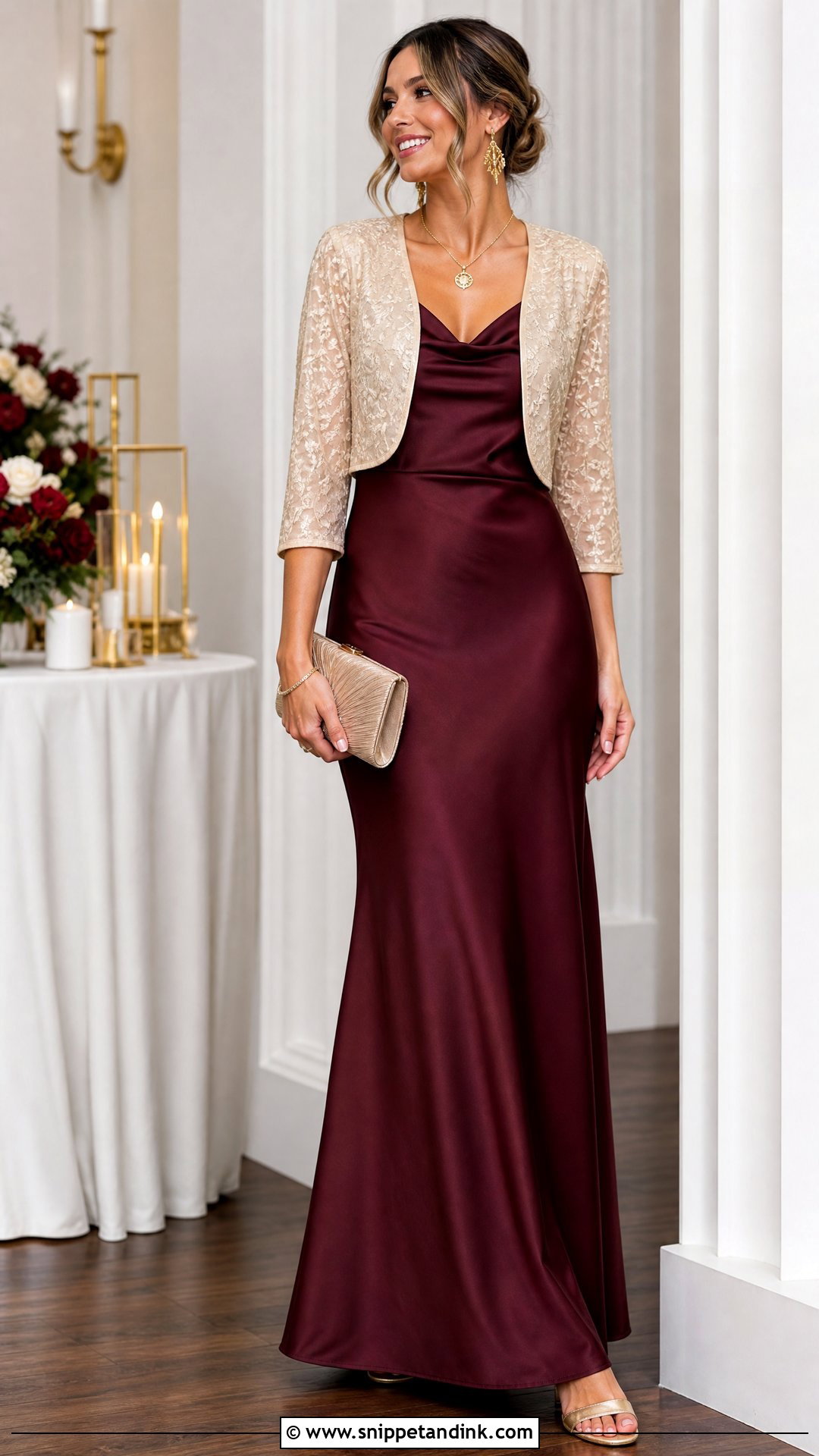Champagne Shrug With Burgundy Dress - Snippet and Ink - 25 Shrug Outfit Ideas for Wedding