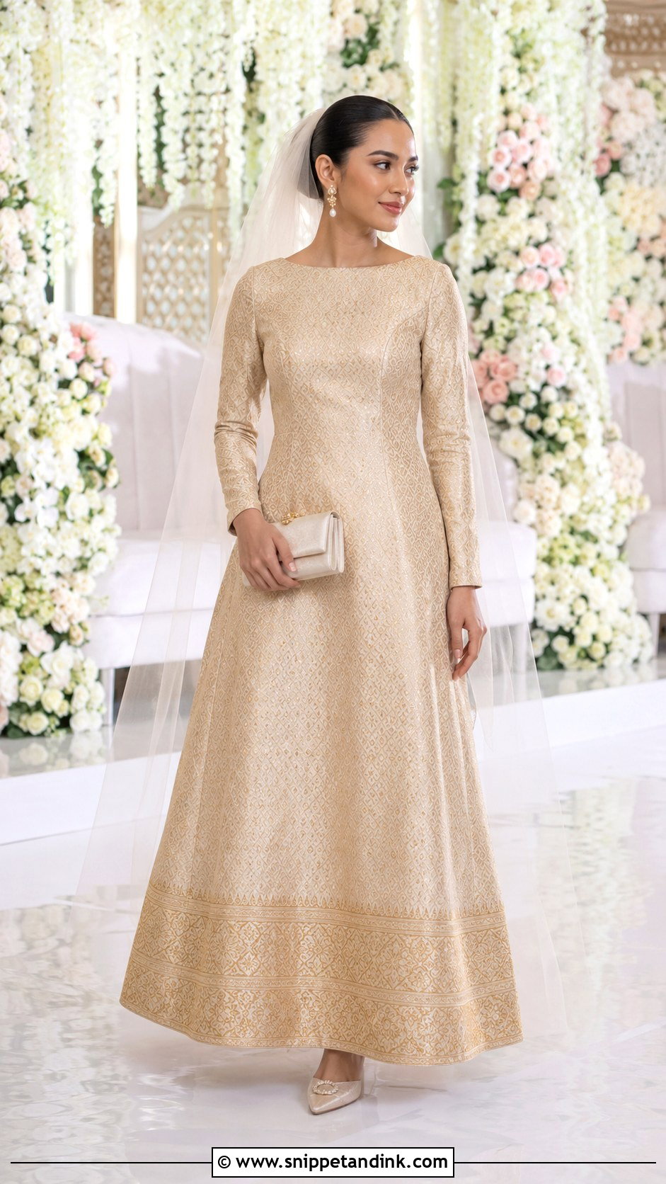 Champagne Songket A Line Wedding Dress - Snippet and Ink - 20 Modern Songket Wedding Dress Ideas