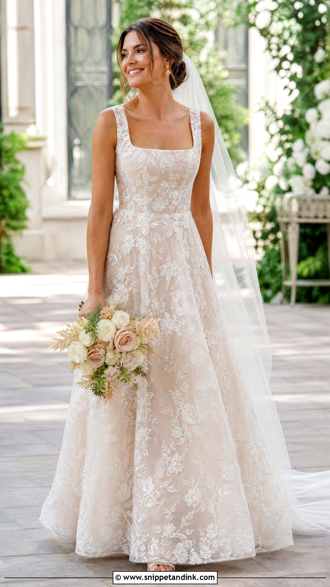 Champagne Square Neck A Line Wedding Dress - Snippet and Ink - 20 Square Neck Wedding Dress Aline Ideas