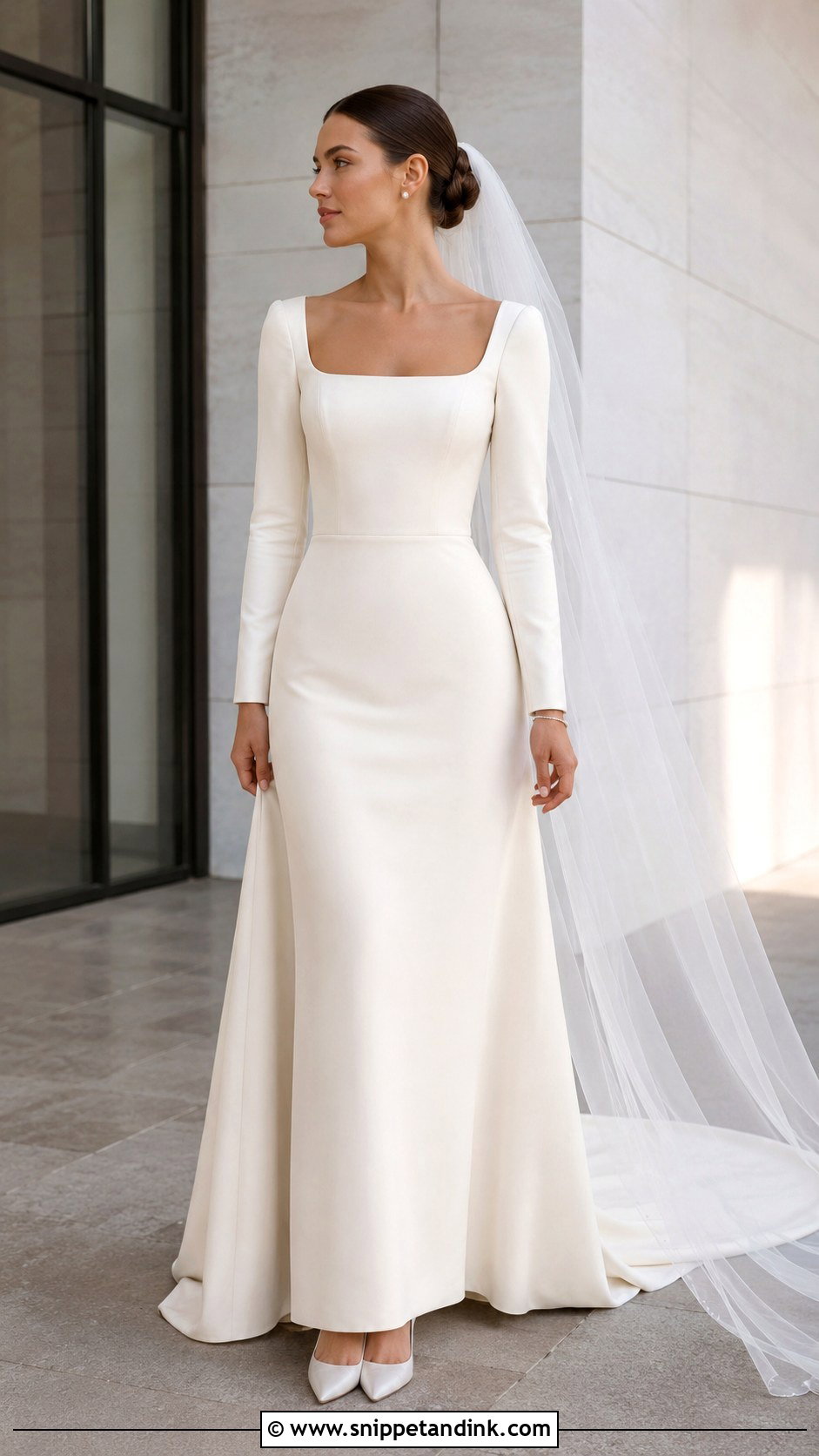 Champagne Square Neck Wedding Dress With Fitted Sleeves - Snippet and Ink - 20 Champagne Wedding Dress with Sleeves