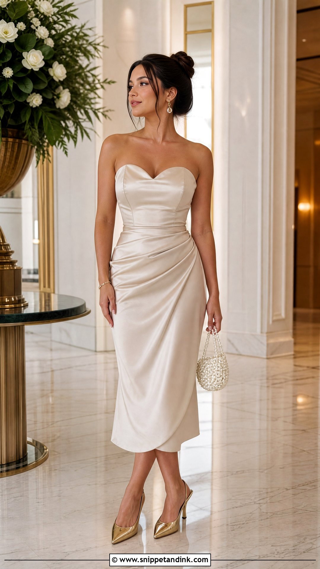 Champagne Strapless Sweetheart Neckline Satin Midi Dress - Snippet and Ink - 20 Strapless Sweetheart Neckline Ideas