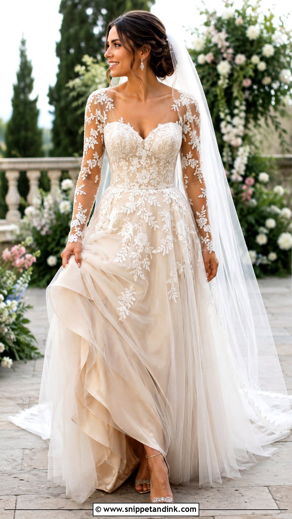 Champagne Sweetheart Wedding Dress With Illusion Sleeves - Snippet and Ink - 20 Champagne Wedding Dress with Sleeves