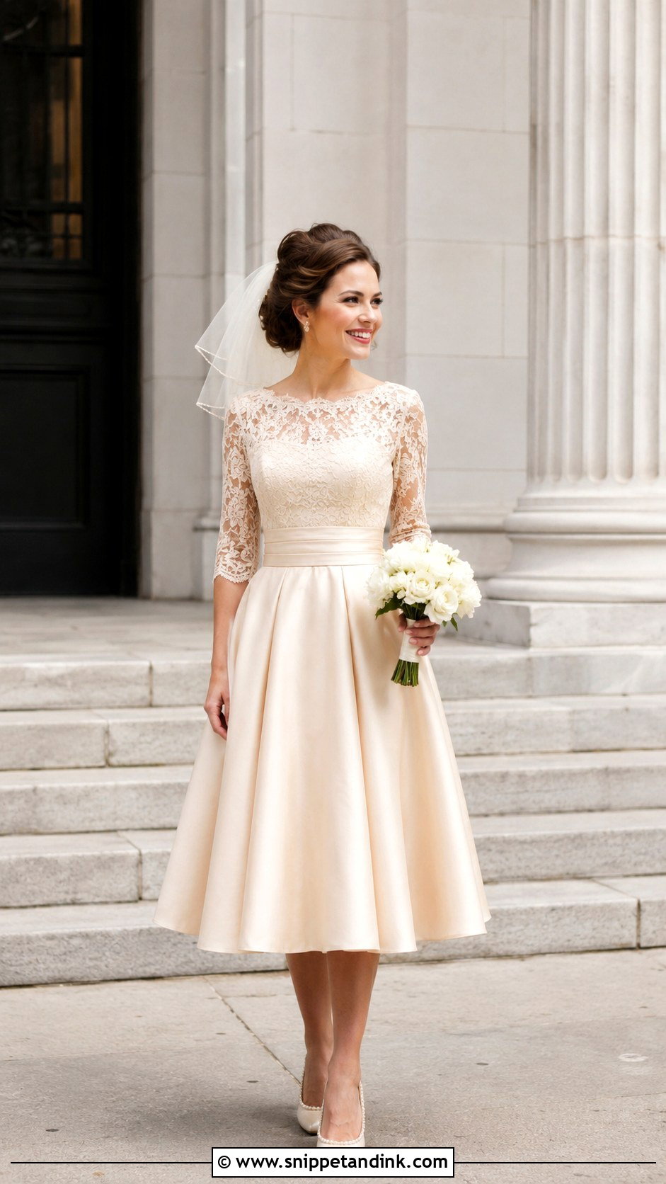 Champagne Tea Length Wedding Dress With Three Quarter Sleeves - Snippet and Ink - 20 Champagne Wedding Dress with Sleeves