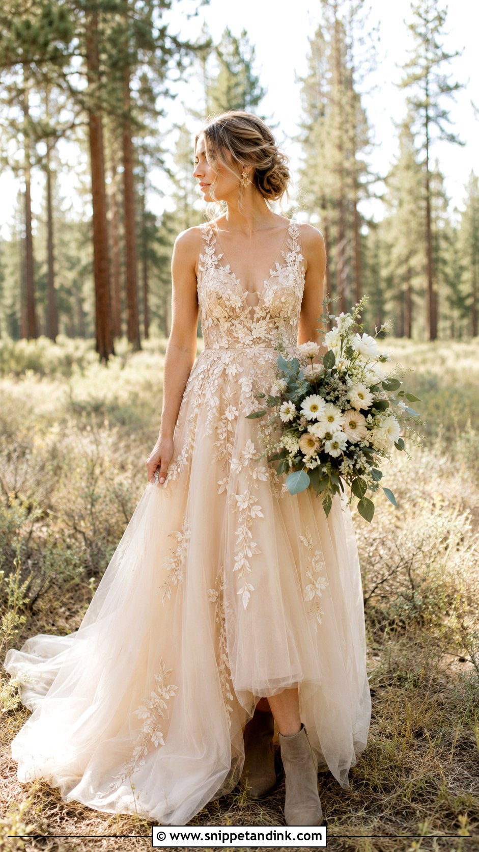 Champagne Tulle Wedding Dress With Botanical Details - Snippet and Ink - 20 Granola Wedding Dress Ideas