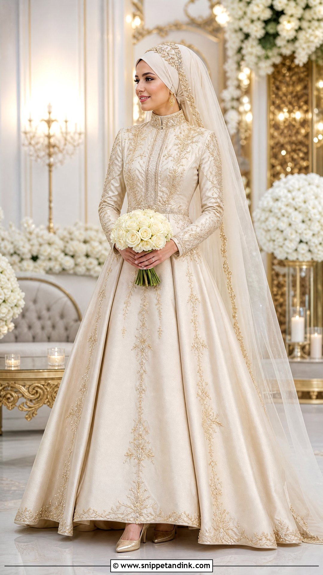 Champagne Turkish Wedding Dress With Gold Hijab Details - Snippet and Ink - 20 Turkey Wedding Dress Hijab Ideas