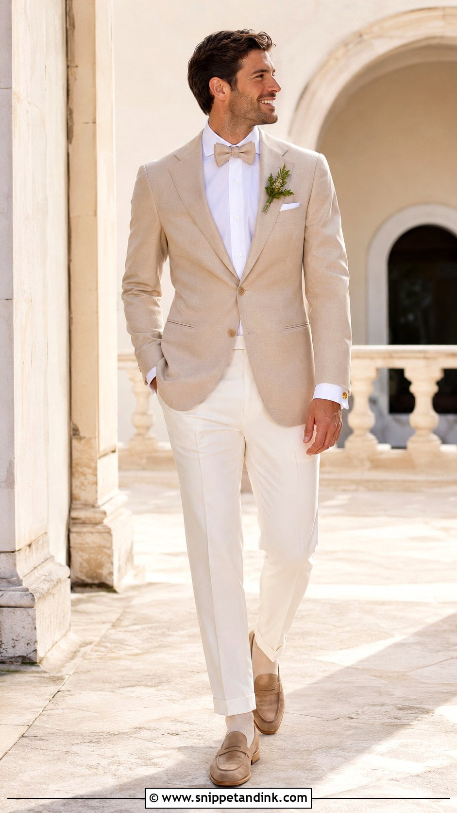 Champagne Tuxedo Jacket With Ivory Pants - Snippet and Ink - 20 Champagne Tuxedo Wedding Ideas