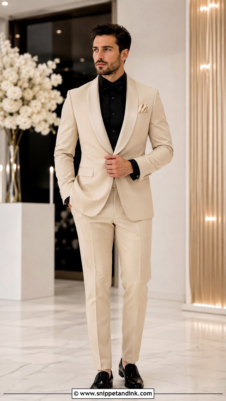 Champagne Tuxedo With Black Dress Shirt - Snippet and Ink - 20 Champagne Tuxedo Wedding Ideas