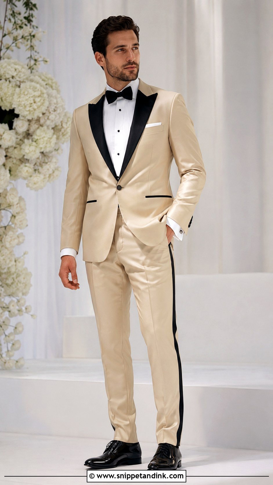 Champagne Tuxedo With Black Satin Lapels - Snippet and Ink - 20 Champagne Tuxedo Wedding Ideas