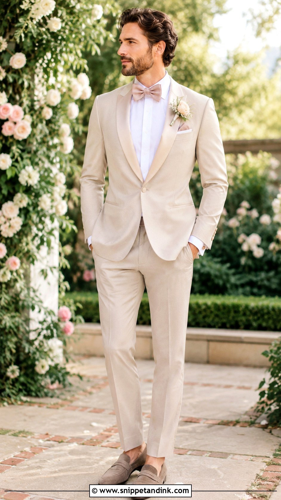 Champagne Tuxedo With Blush Bow Tie - Snippet and Ink - 20 Champagne Tuxedo Wedding Ideas