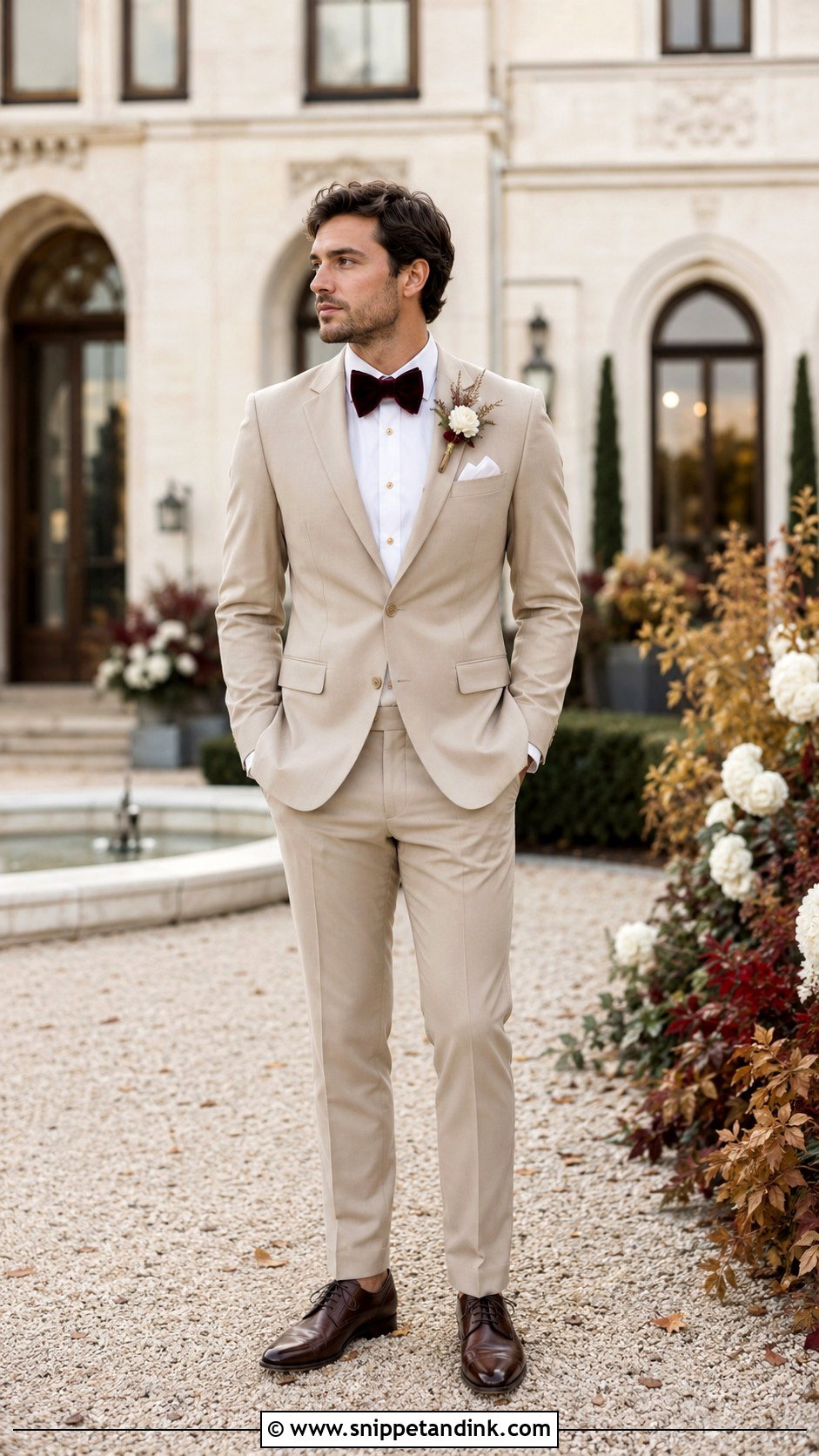 Champagne Tuxedo With Burgundy Bow Tie - Snippet and Ink - 20 Champagne Tuxedo Wedding Ideas