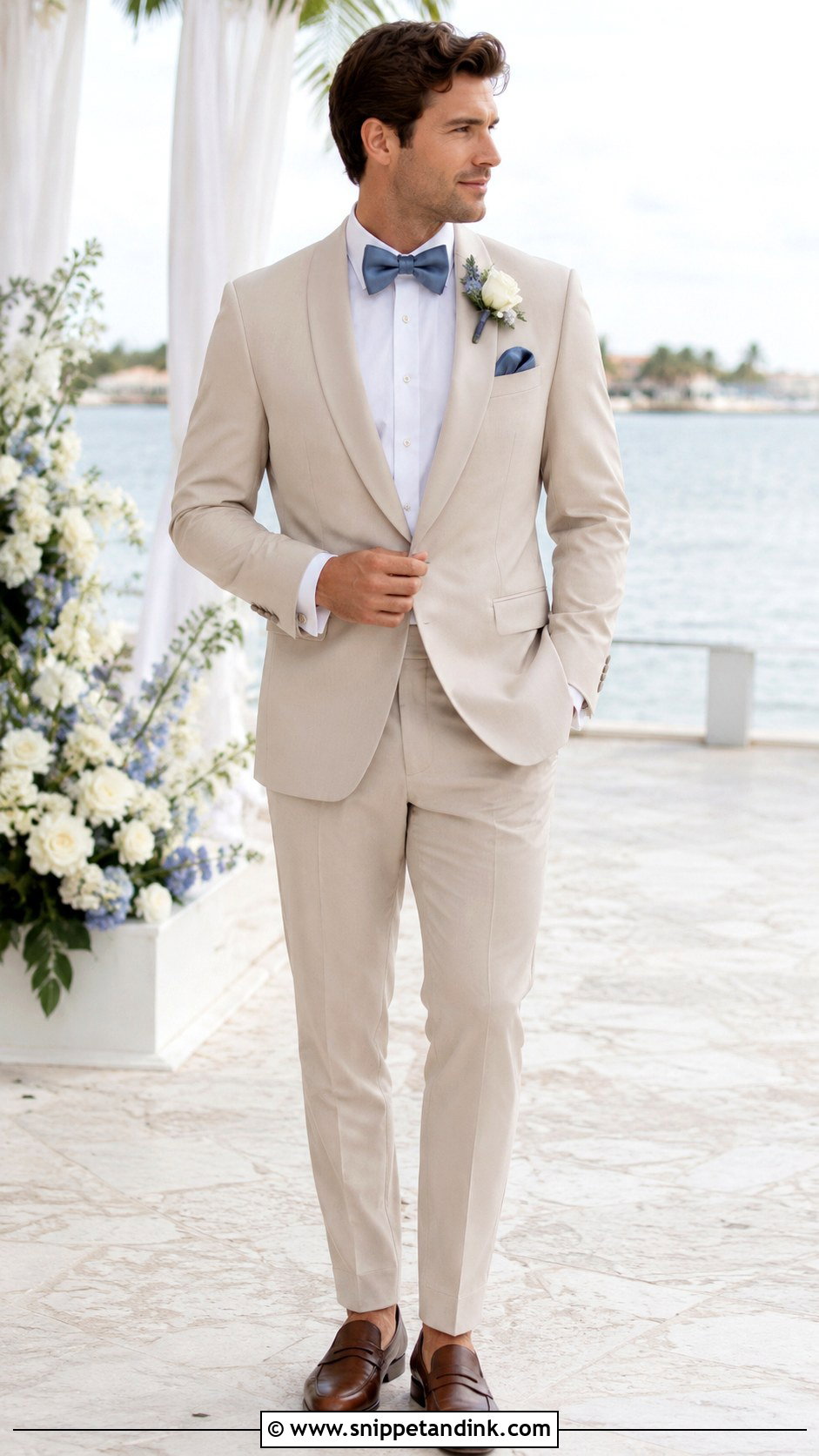Champagne Tuxedo With Dusty Blue Bow Tie - Snippet and Ink - 20 Champagne Tuxedo Wedding Ideas