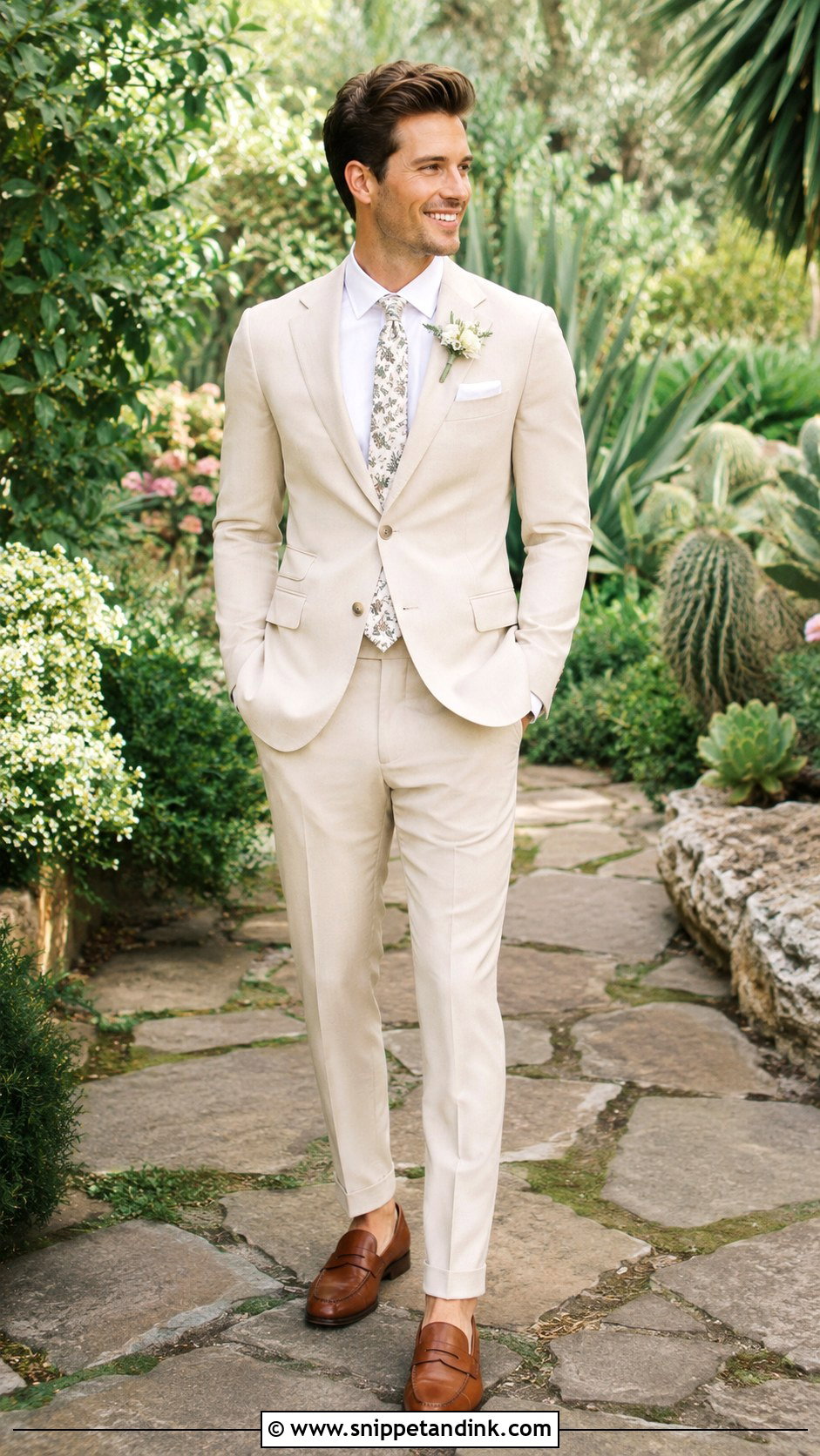 Champagne Tuxedo With Floral Tie - Snippet and Ink - 20 Champagne Tuxedo Wedding Ideas