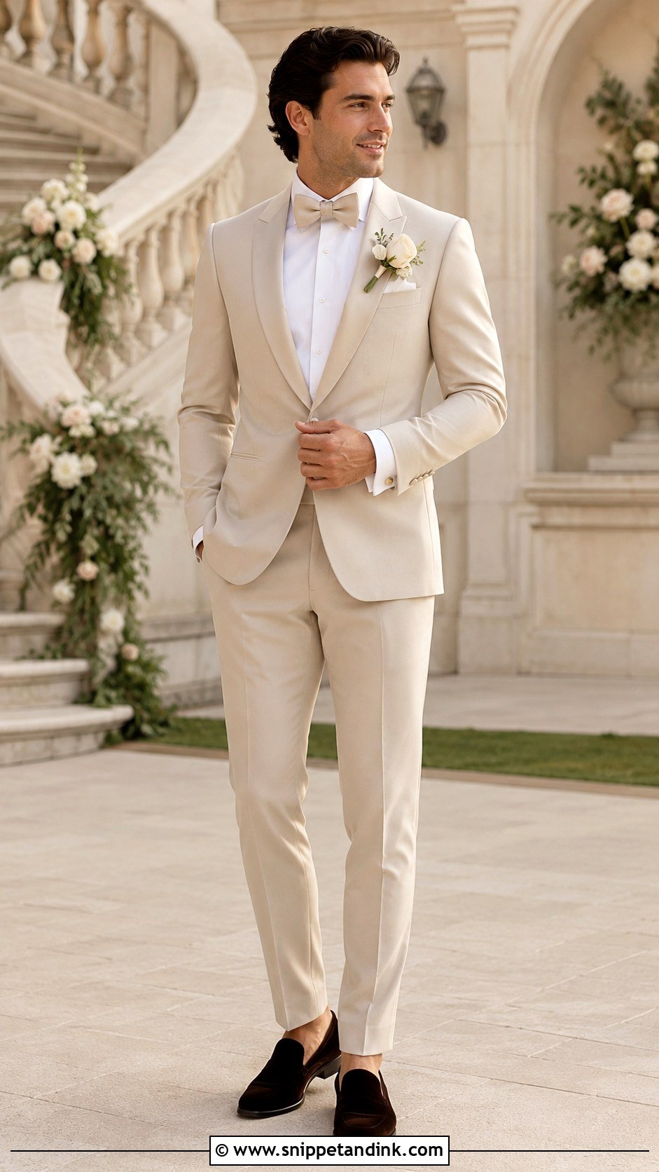 Champagne Tuxedo With Ivory Shirt - Snippet and Ink - 20 Champagne Tuxedo Wedding Ideas