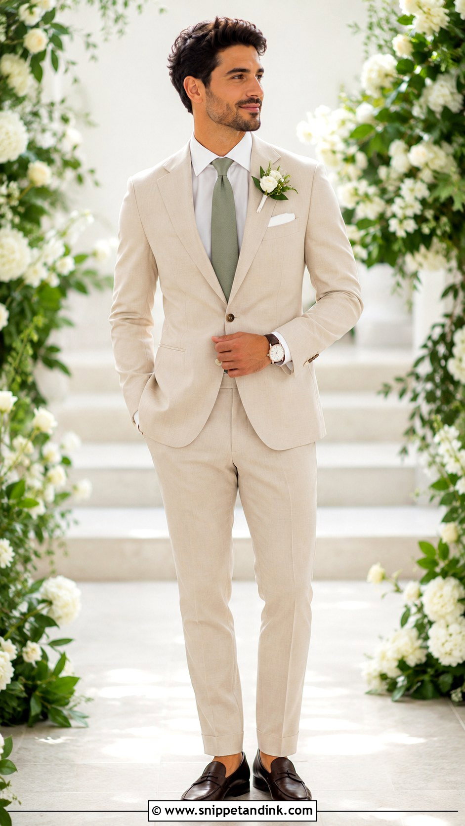 Champagne Tuxedo With Sage Green Tie - Snippet and Ink - 20 Champagne Tuxedo Wedding Ideas