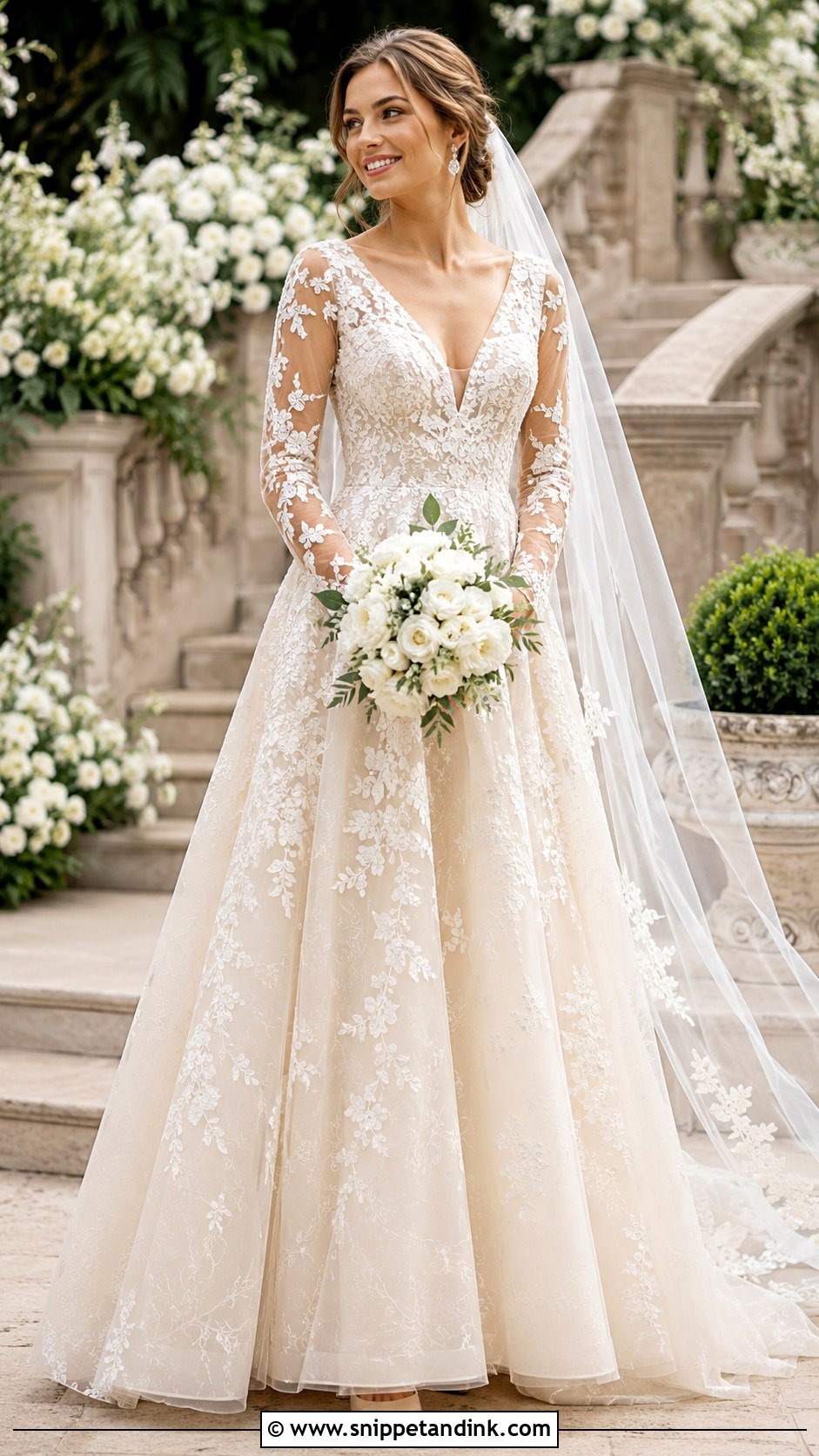 Champagne V Neck Wedding Dress With Sheer Sleeves - Snippet and Ink - 20 Champagne Wedding Dress with Sleeves