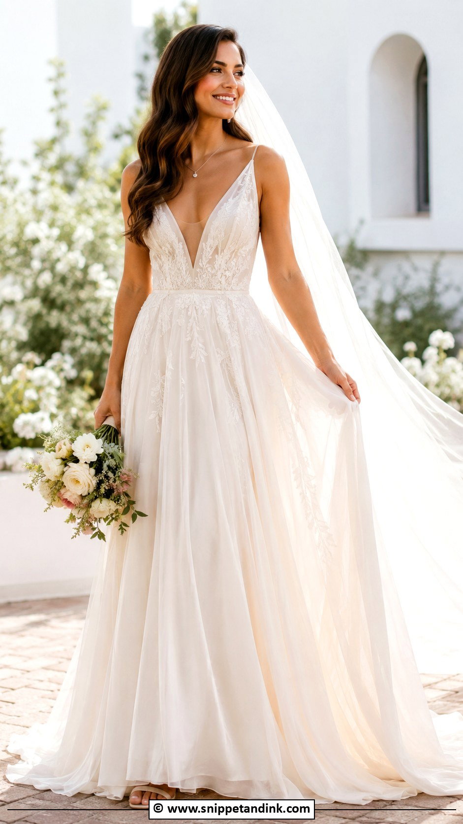 Champagne V Neck Wedding Dress - Snippet and Ink - 30 Champagne Wedding Dress Ideas