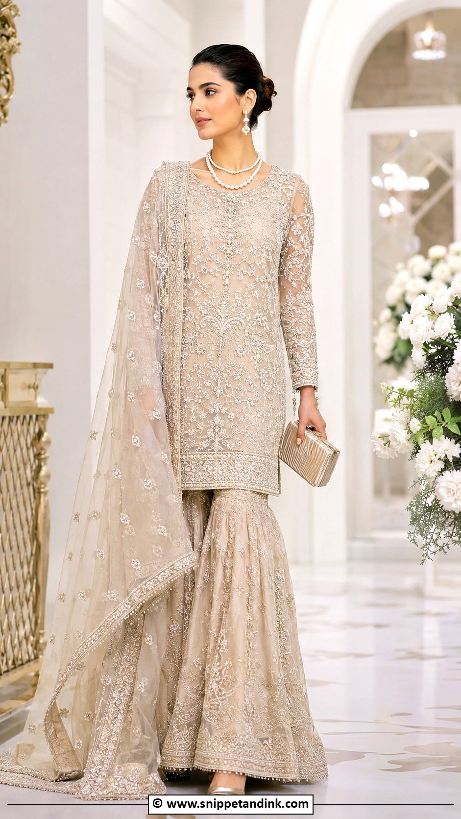 Champagne Valima Bridal Sharara - Snippet and Ink - 30 Valima Bridal Dress Pakistan Ideas
