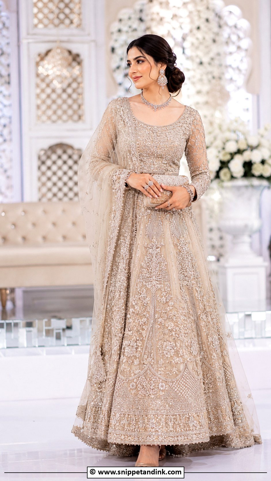 Champagne Walima Lehenga With Net Dupatta - Snippet and Ink - 35 Walima Dresses Pakistani Brides