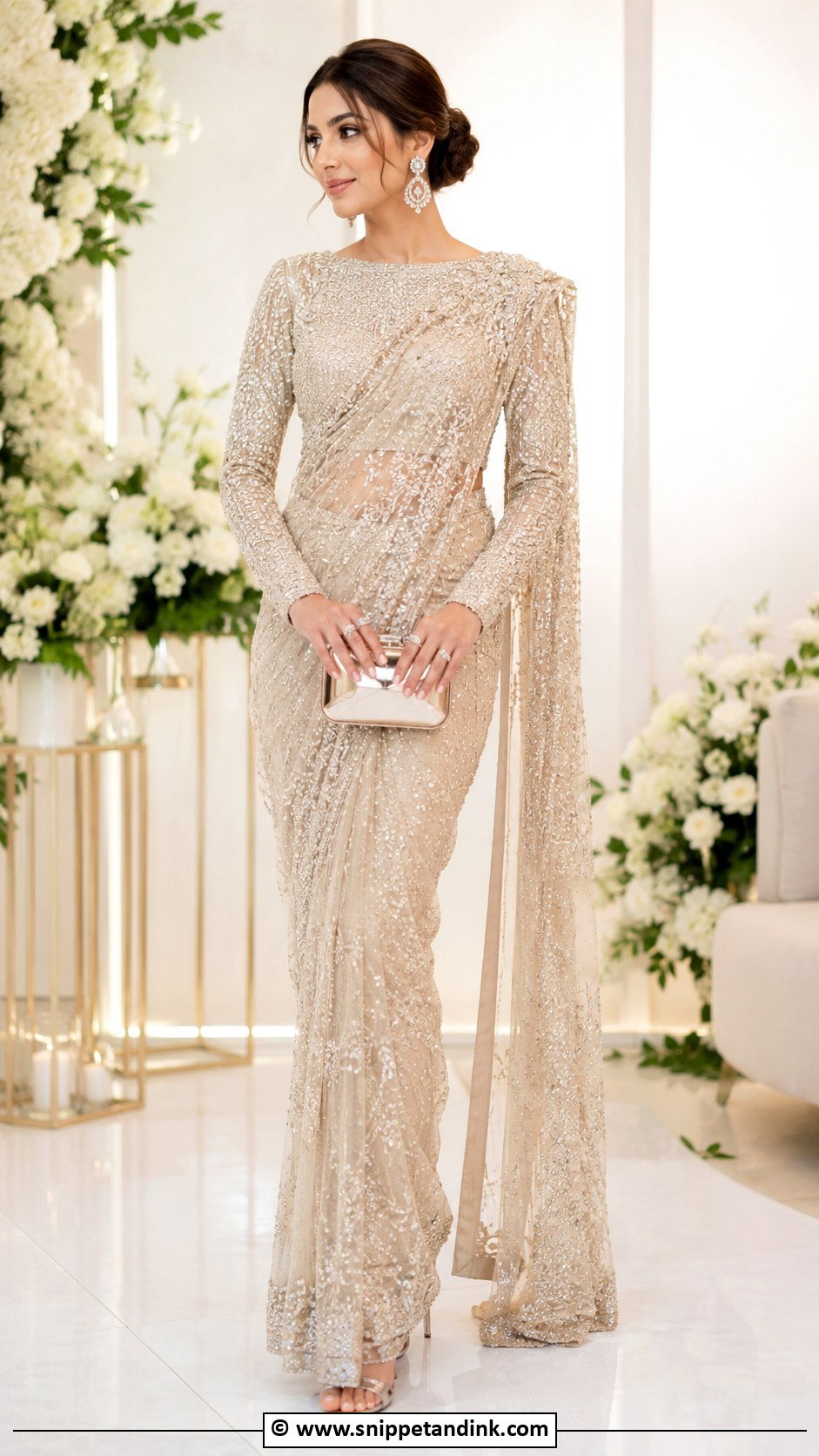 Champagne Walima Saree Outfit - Snippet and Ink - 35 Walima Dresses Pakistani Brides