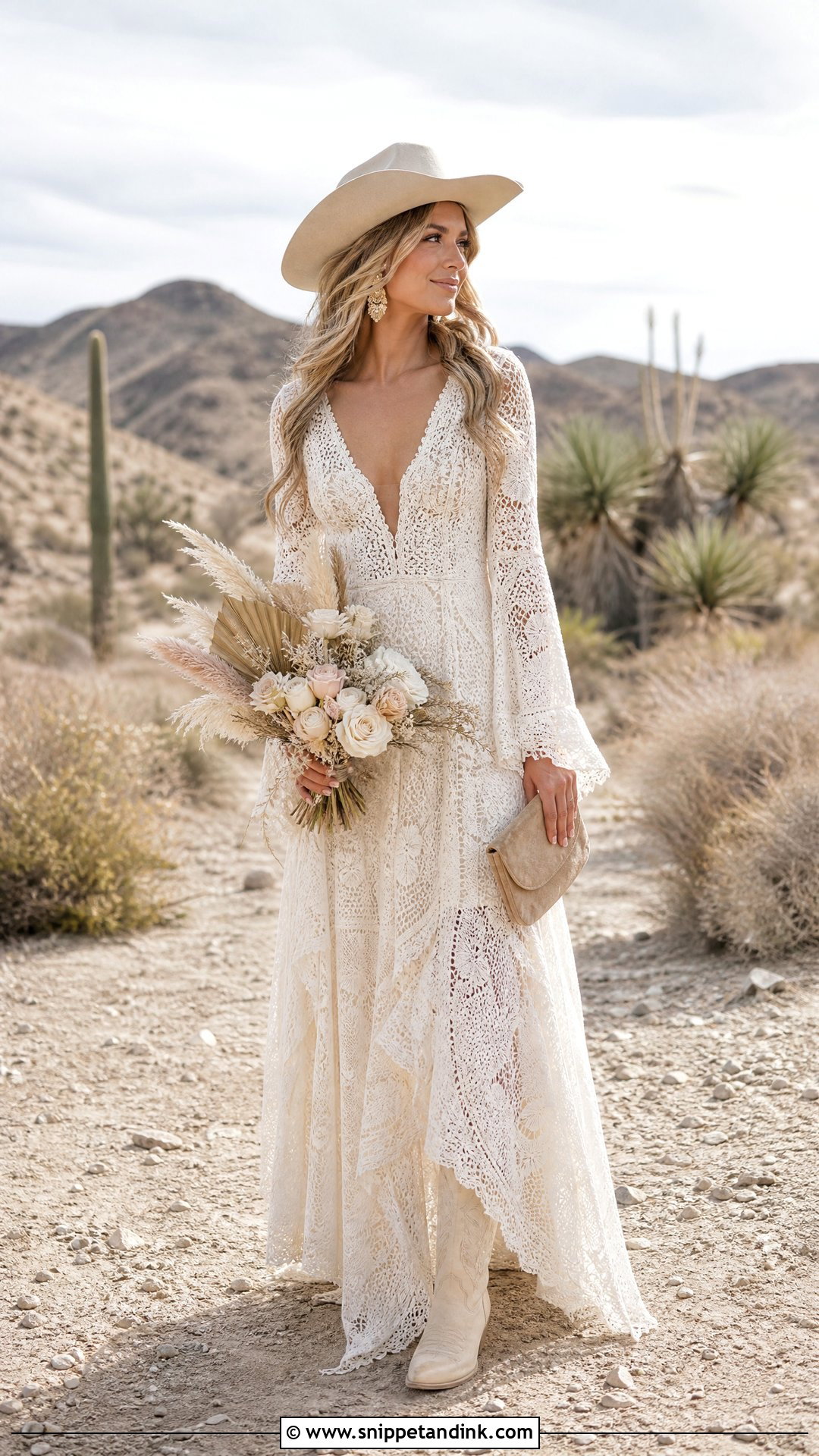 Champagne Wedding Cowgirl Hat With Boho Gown - Snippet and Ink - 20 Wedding Cowgirl Hat Ideas
