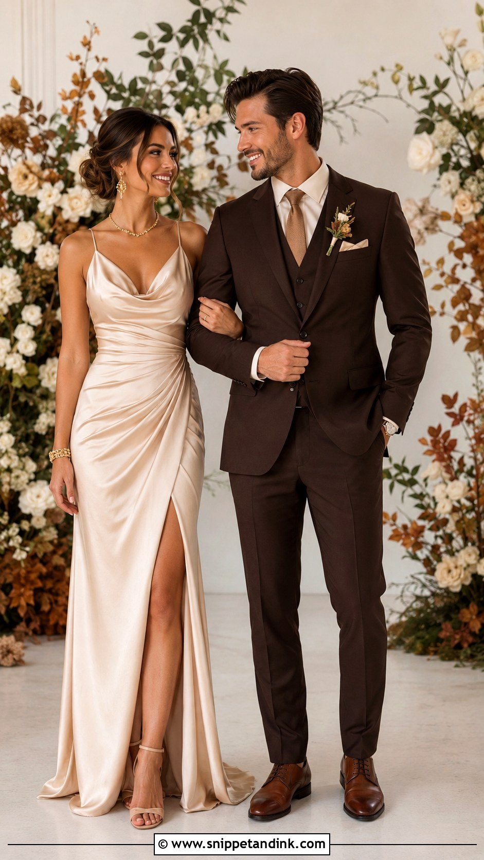 Champagne Wedding Dress And Brown Suit Wedding Couple Outfit - Snippet and Ink - 25 Wedding Couple Outfits