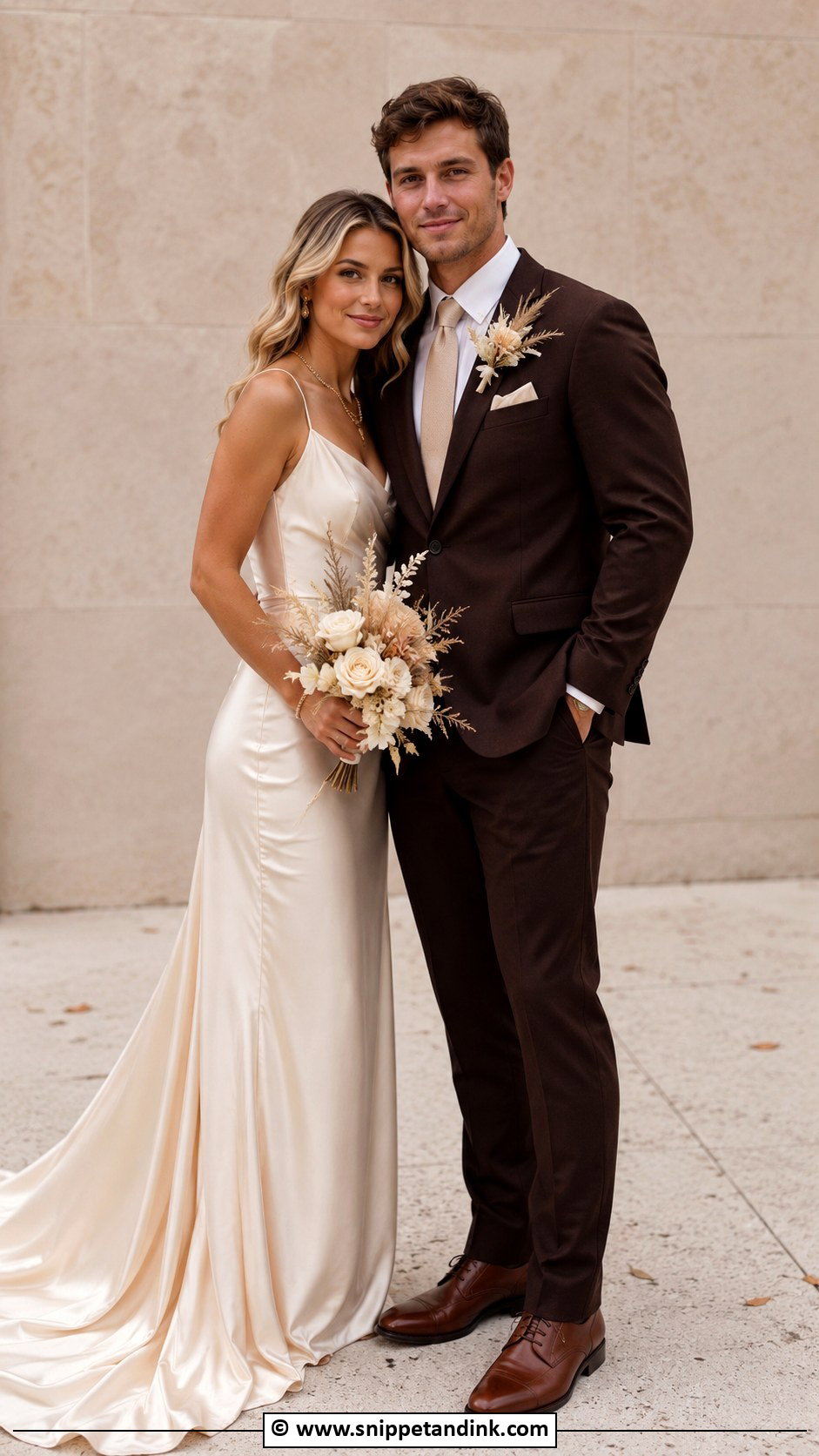 Champagne Wedding Dress And Brown Suit - Snippet and Ink - 30 Couple Wedding Dress Ideas