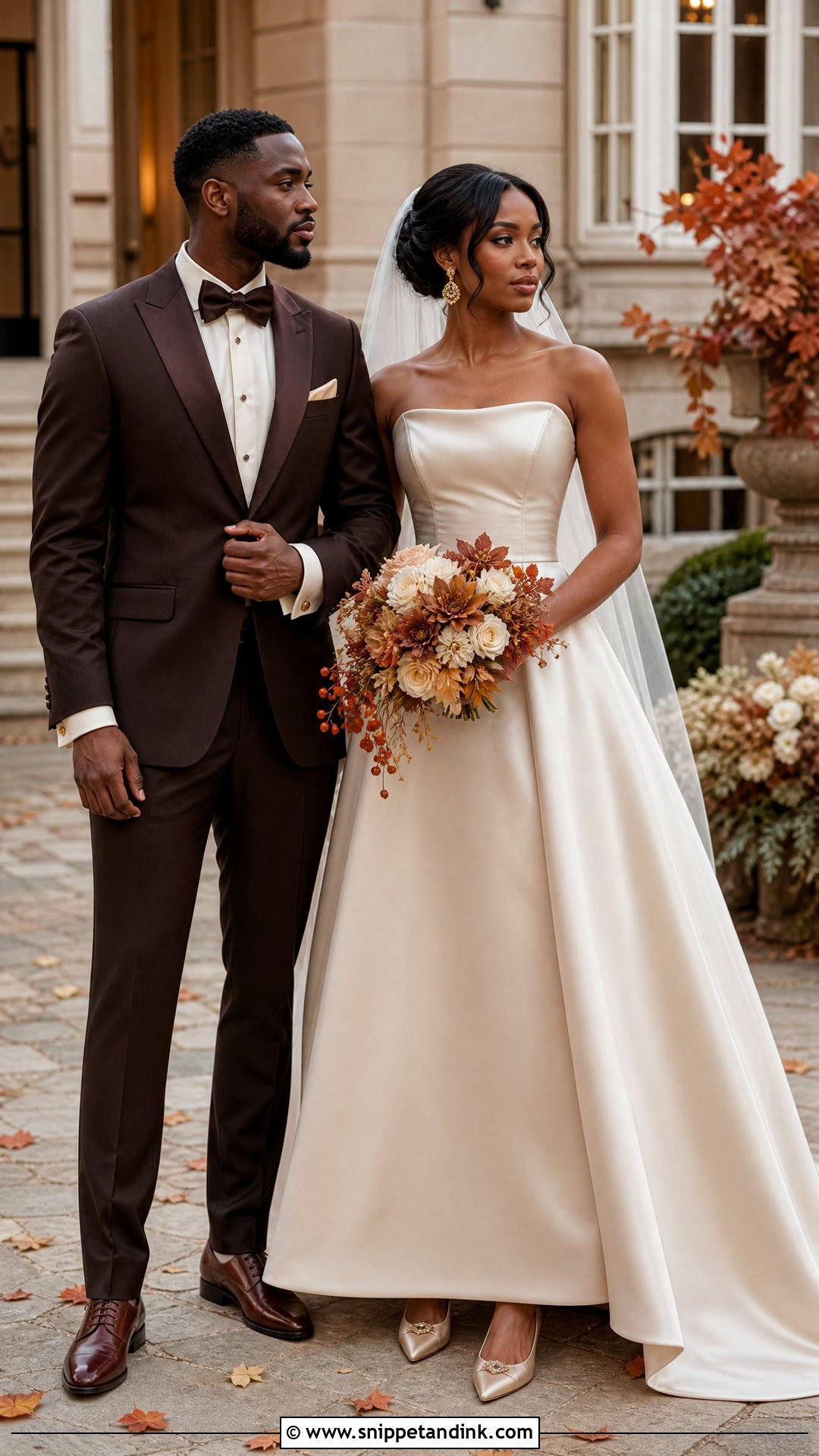Champagne Wedding Dress And Brown Tuxedo Couple - Snippet and Ink - 20 Wedding Dresses for Couple