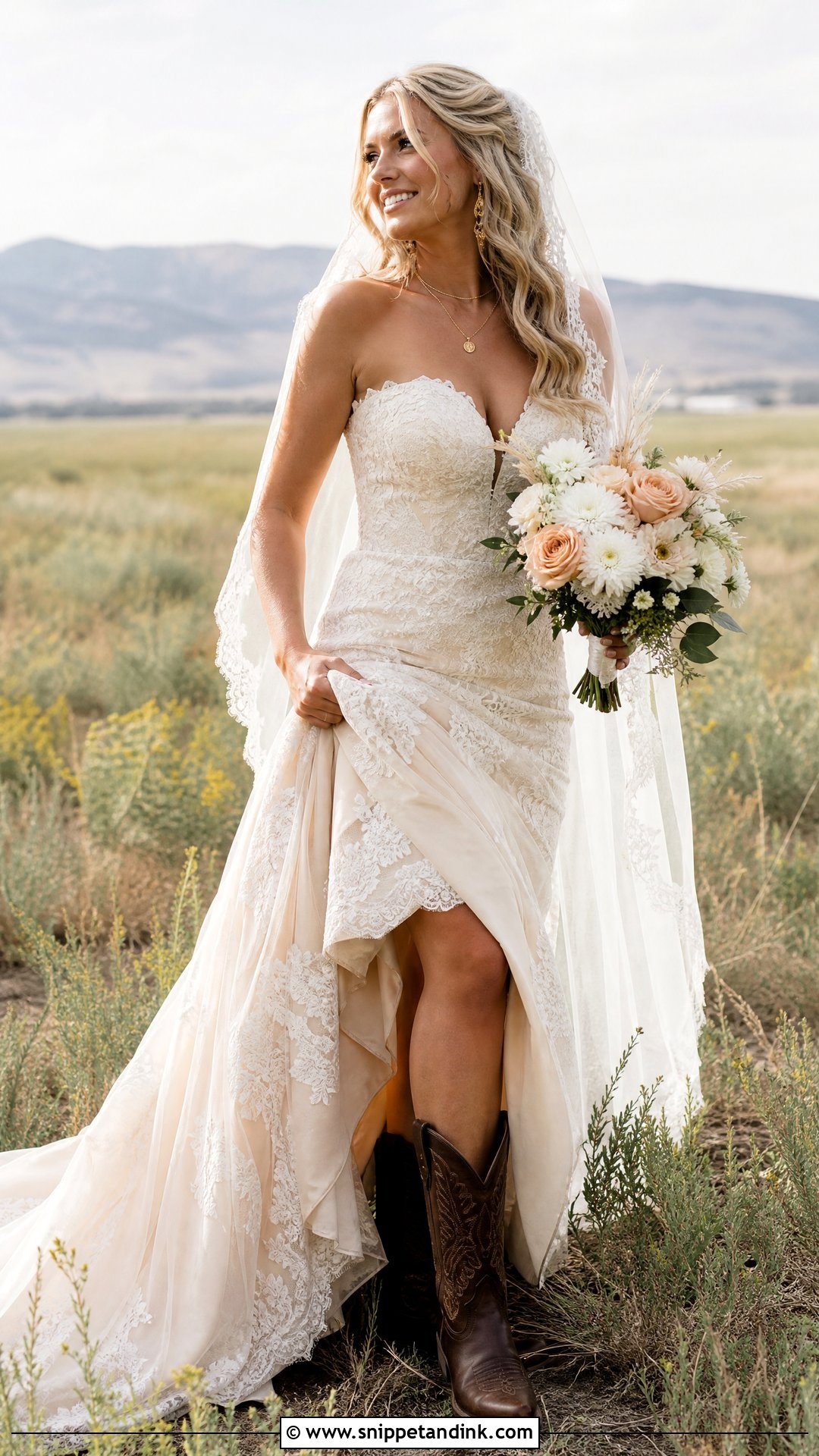 Champagne Wedding Dress With Brown Cowboy Boots - Snippet and Ink - 20 Wedding Dress and Cowboy Boots Ideas