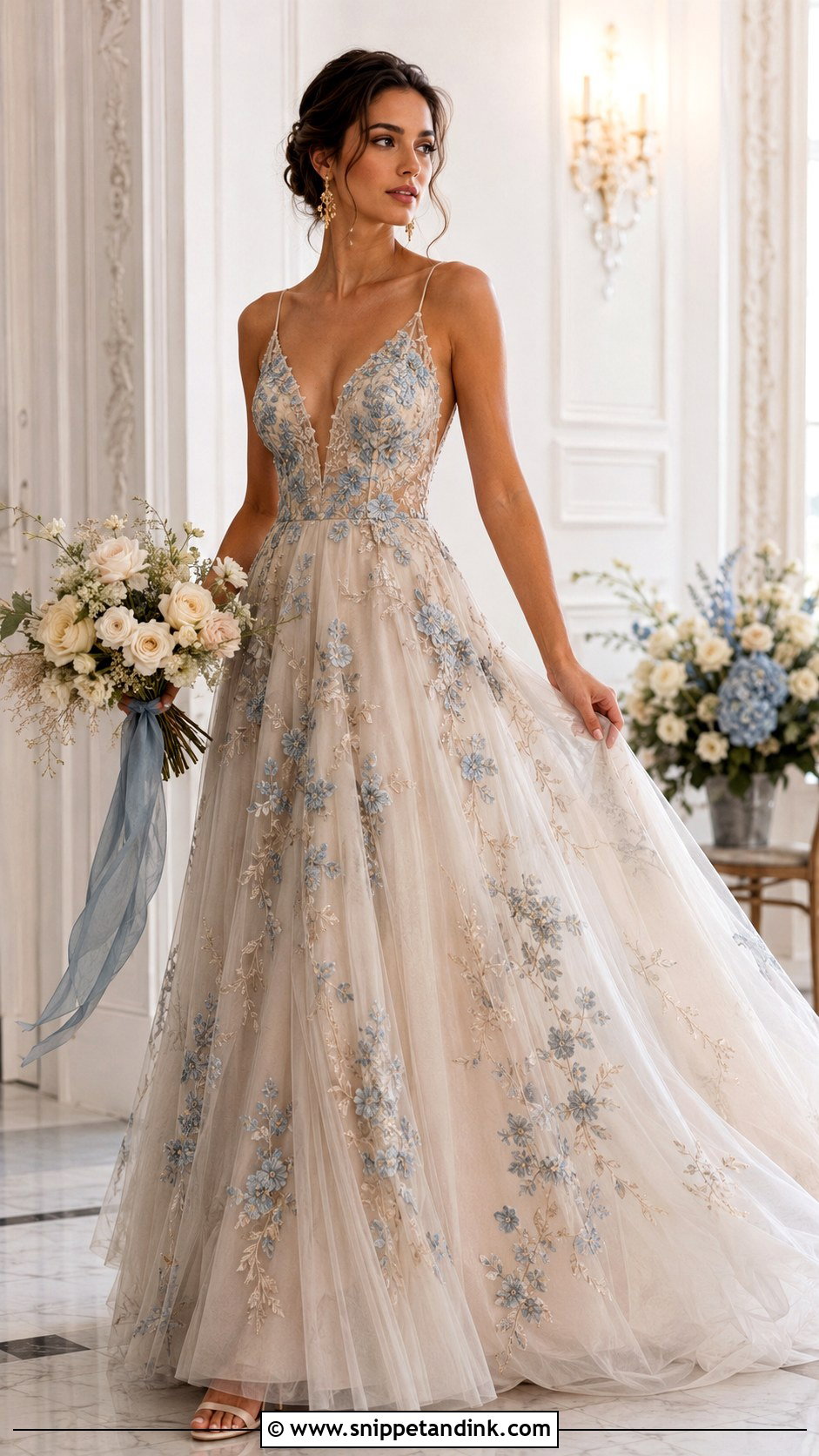 Champagne Wedding Dress With Dusty Blue Accents - Snippet and Ink - 25 Wedding Dress with Blue Accents Ideas