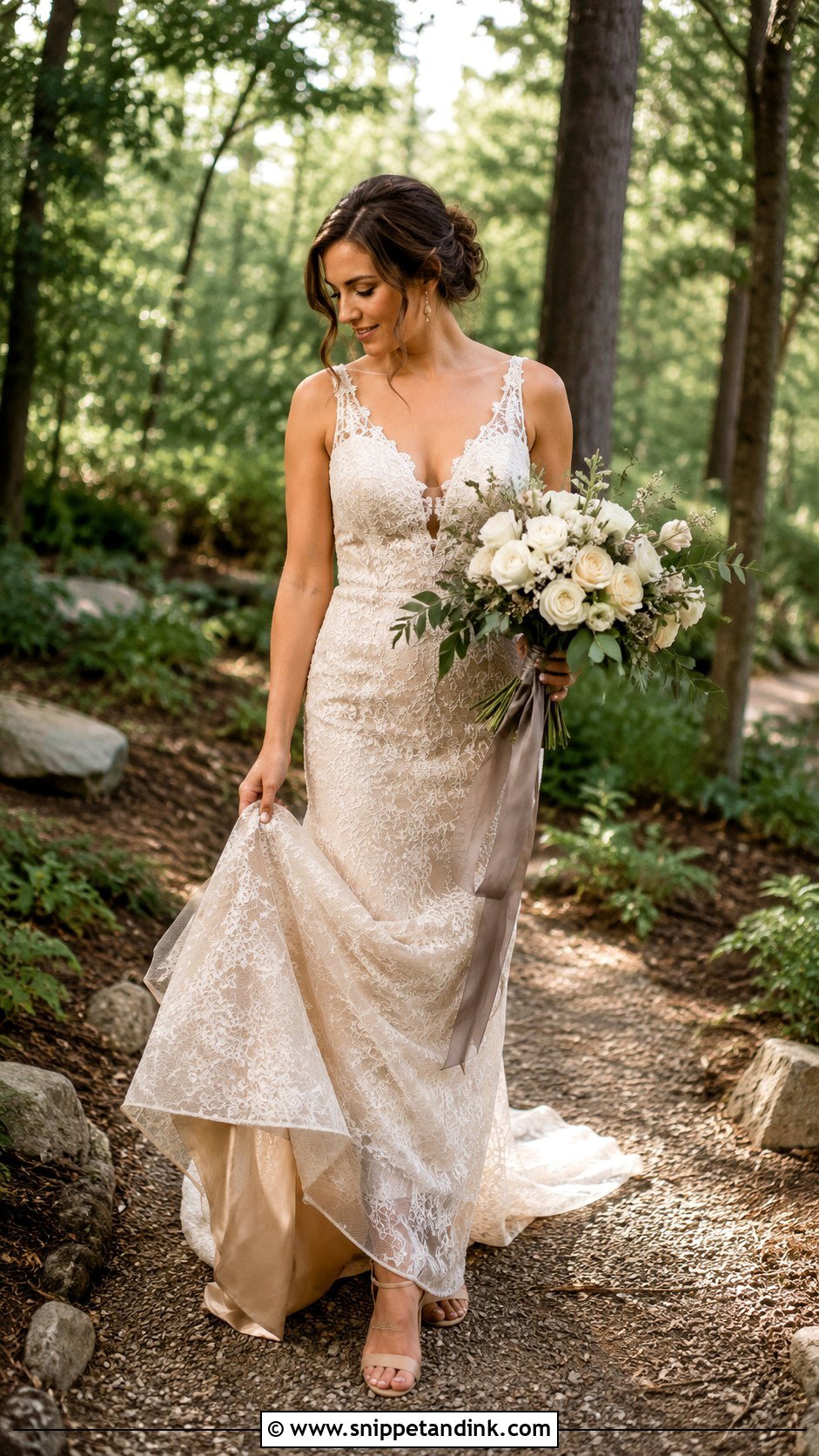 Champagne Wedding Dress With Earth Tone Accessories - Snippet and Ink - 25 Woodsy Wedding Dress Ideas