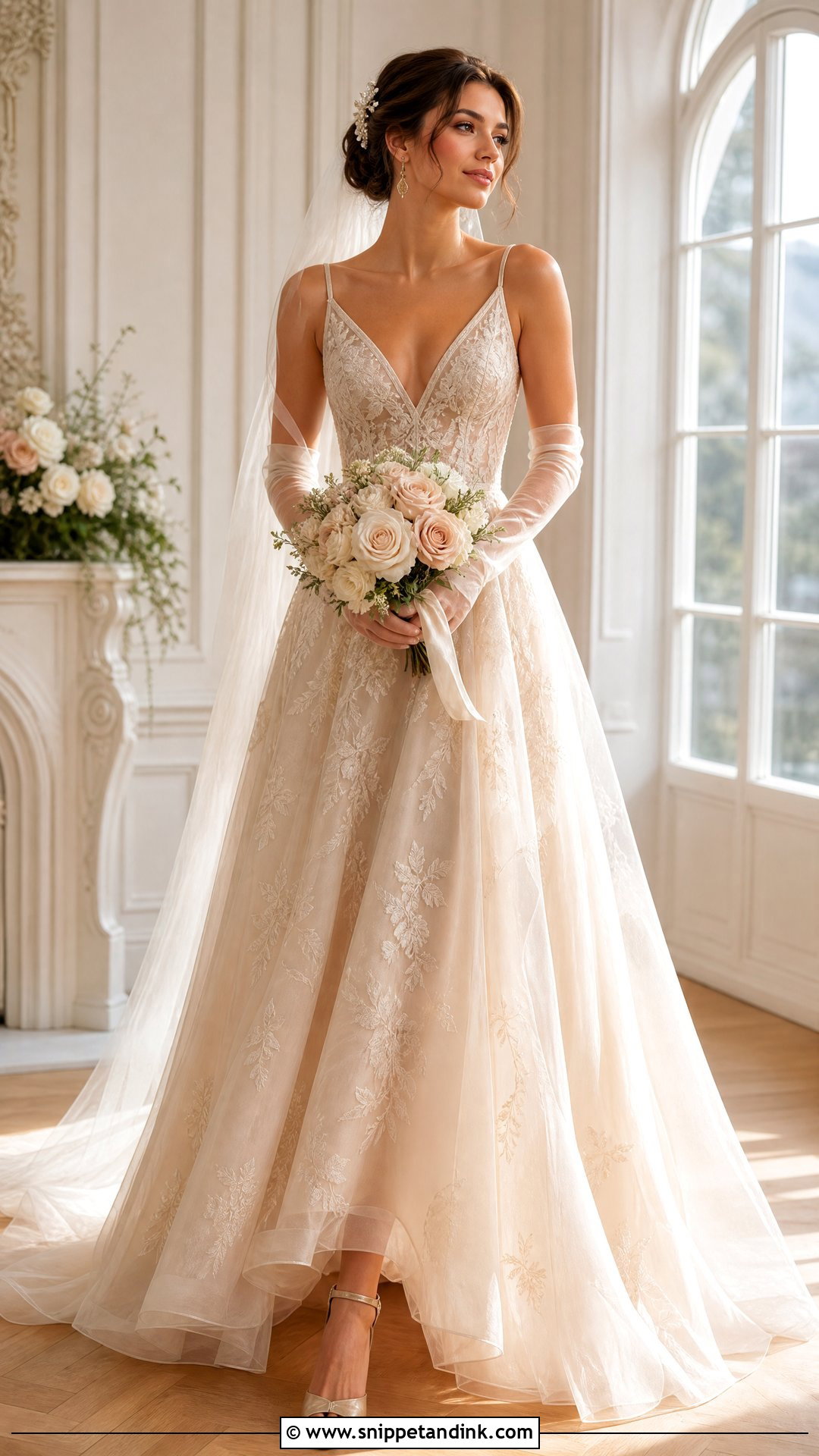 Champagne Wedding Dress With Ivory Gloves - Snippet and Ink - 20 Wedding Dress and Gloves Ideas