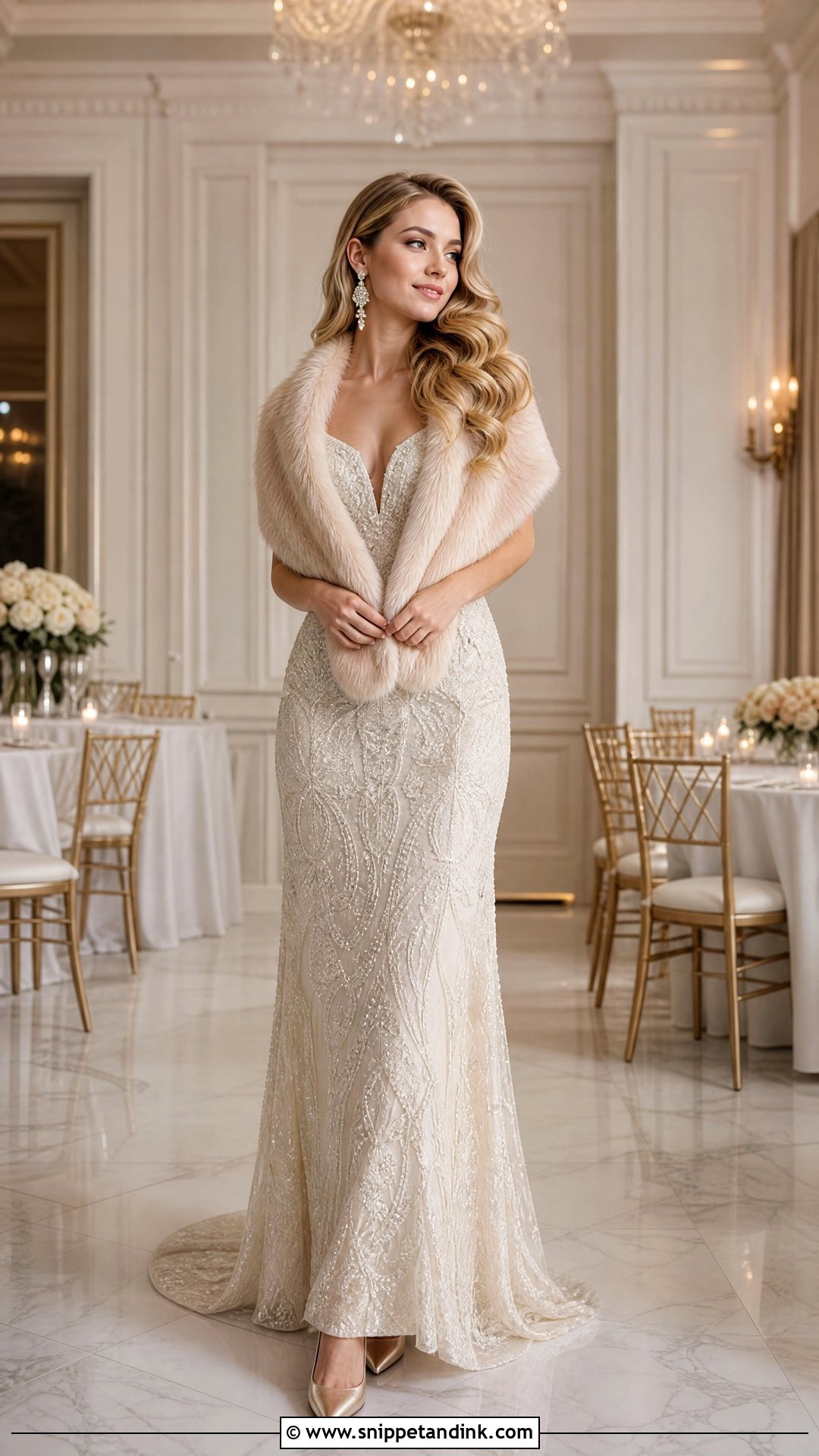 Champagne Wedding Fur Stole With Beaded Gown - Snippet and Ink - 20 Wedding Fur Ideas