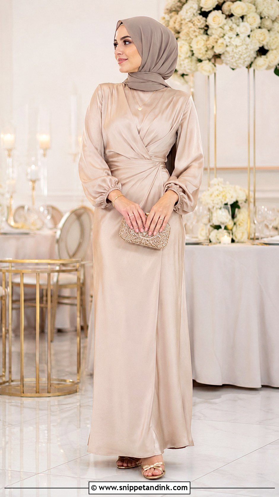 Champagne Wedding Guest Dress With Hijab - Snippet and Ink - 25 Hijab Do Wedding Ideas