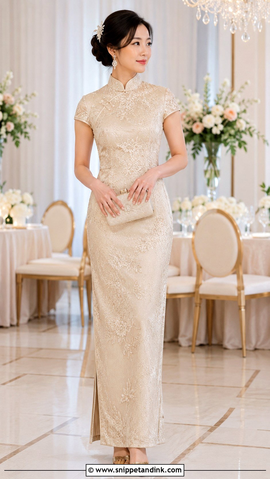 Champagne Wedding Qipao With Beaded Details - Snippet and Ink - 20 Wedding Qipao Ideas