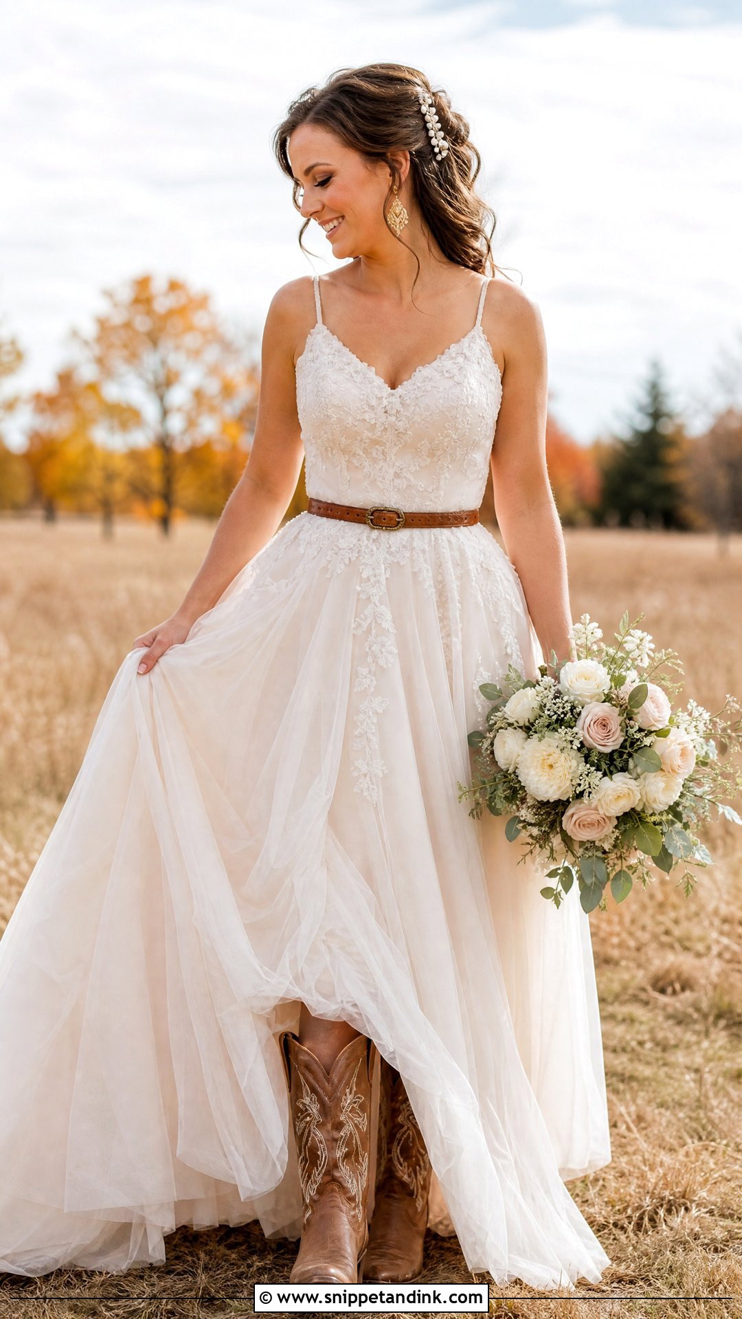 Champagne Western Bride Dress With Brown Cowboy Boots - Snippet and Ink - 20 Western Bride Dress Ideas